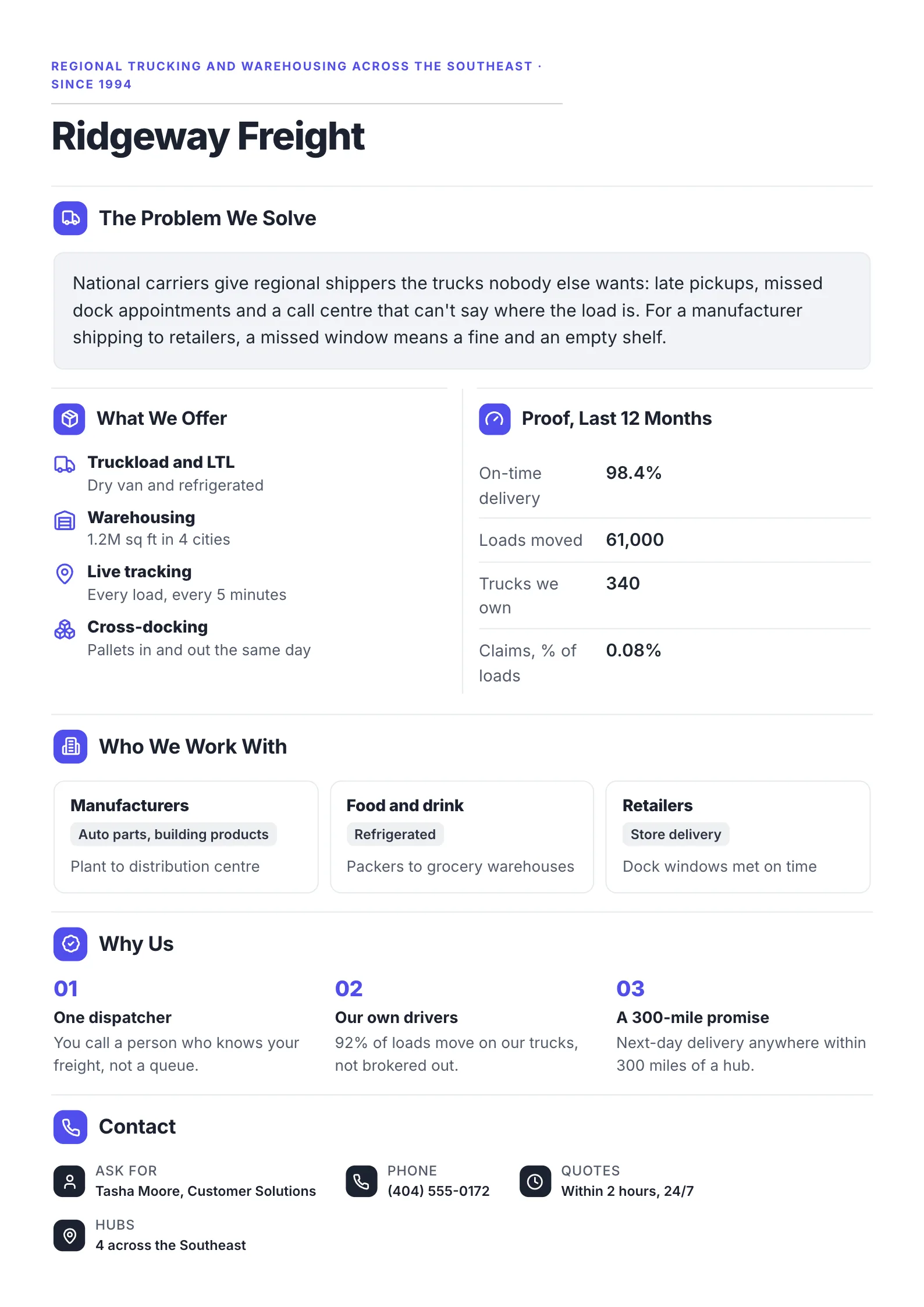 Logistics company profile One-Pager template with services, the on-time record for the last 12 months, the shippers it serves and why they choose it
