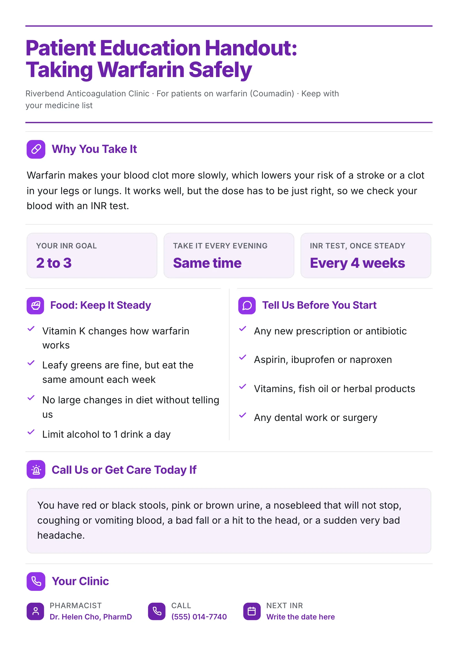 Warfarin medication patient education handout One-Pager with the INR goal, food tips and bleeding warning signs