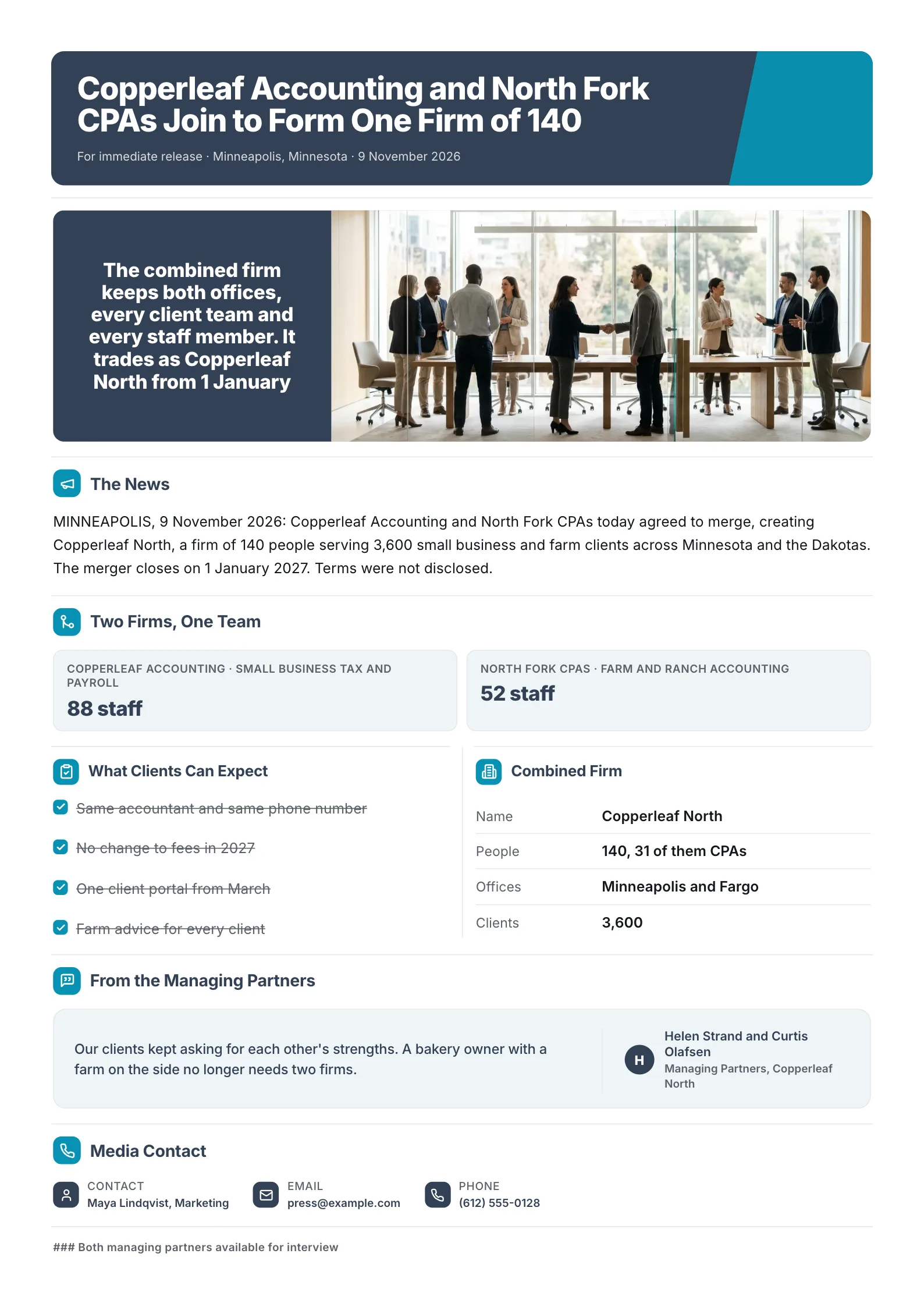 Merger announcement press release One-Pager with two firms compared, client promises and combined firm facts