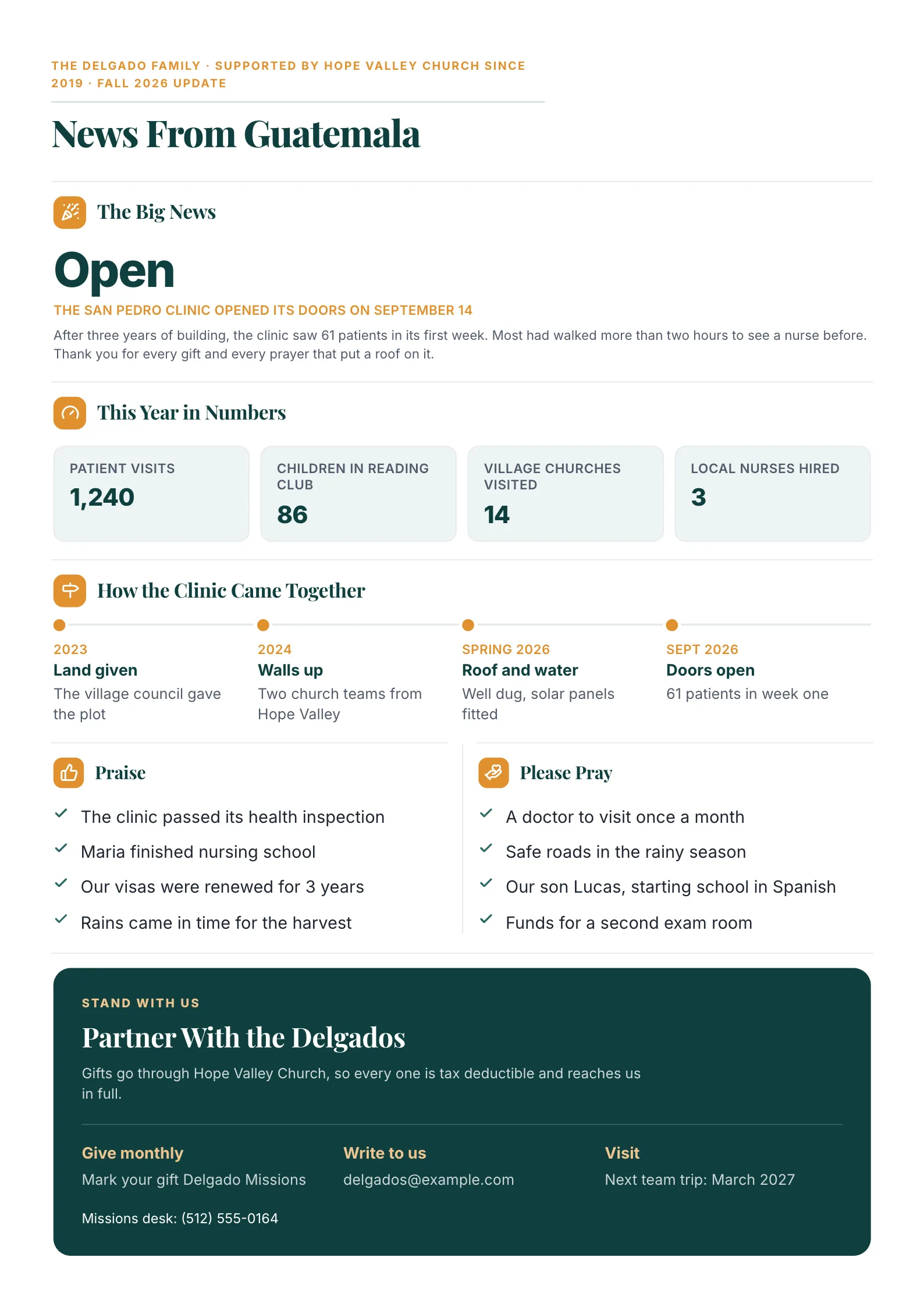Missions update church newsletter with field news, numbers for the year, a clinic project timeline and prayer requests