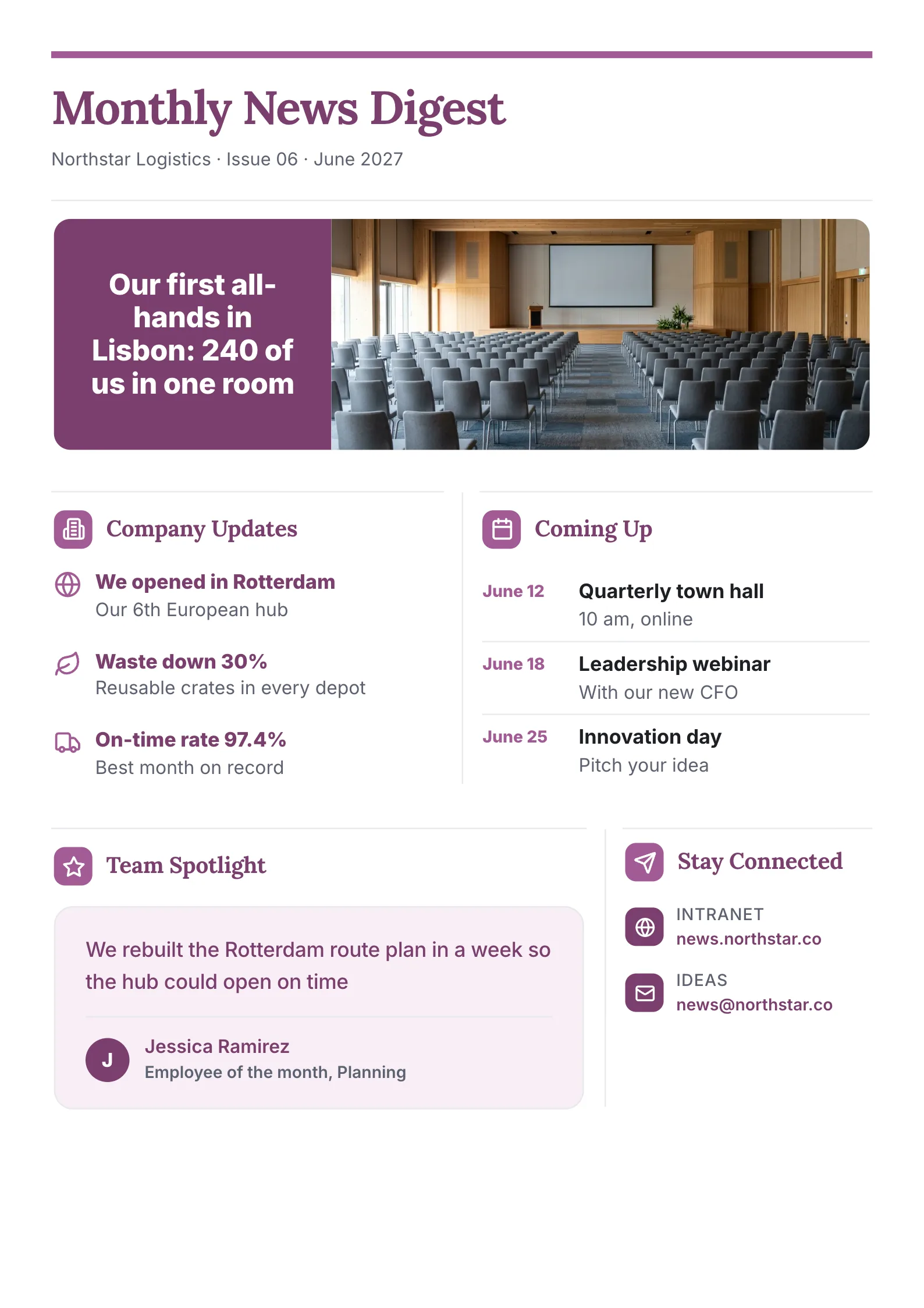 Monthly news digest One-Pager template for a logistics company with a photo, three company updates, upcoming dates, a team spotlight quote and where to send ideas