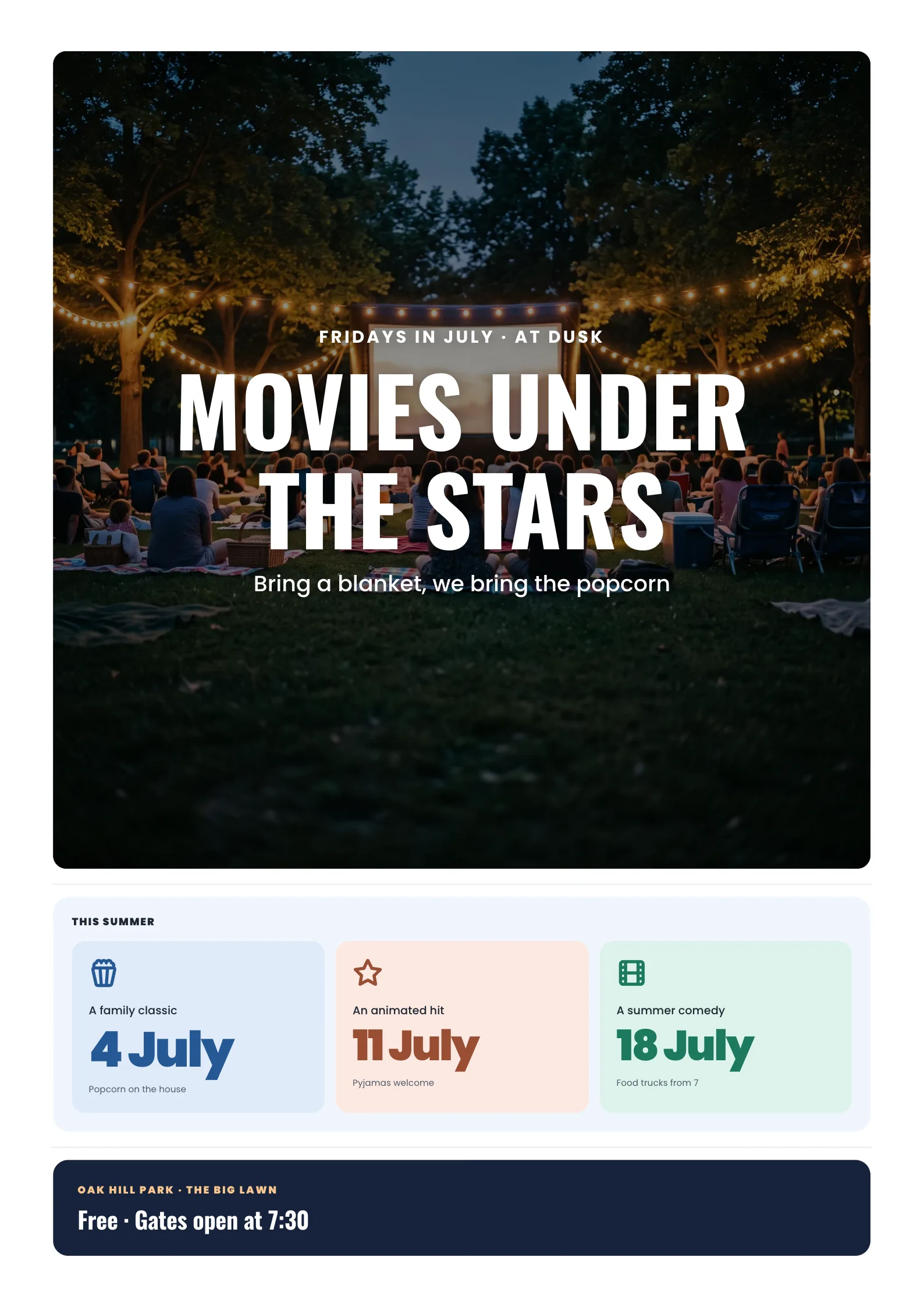Movie Night Poster with an outdoor movie screen glowing in a park at dusk with blankets and string lights on the lawn