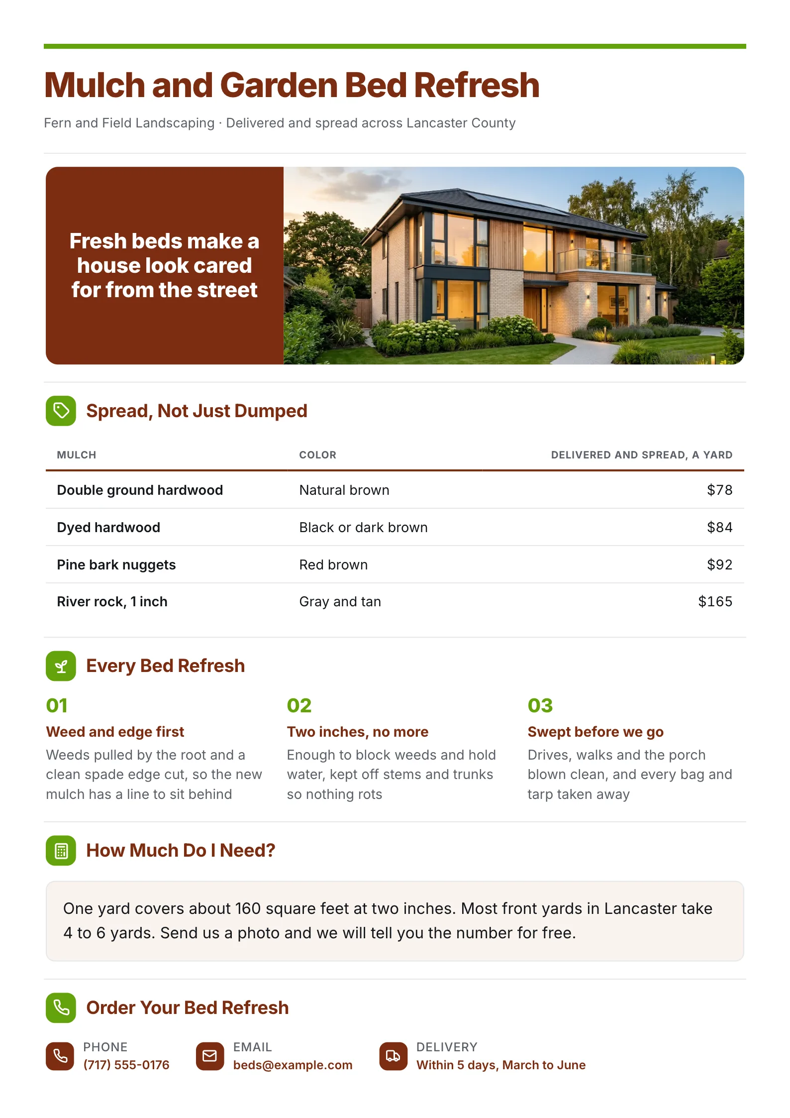 Landscaping flyer for mulch and garden bed refresh with a home photo, a mulch price table and a coverage tip