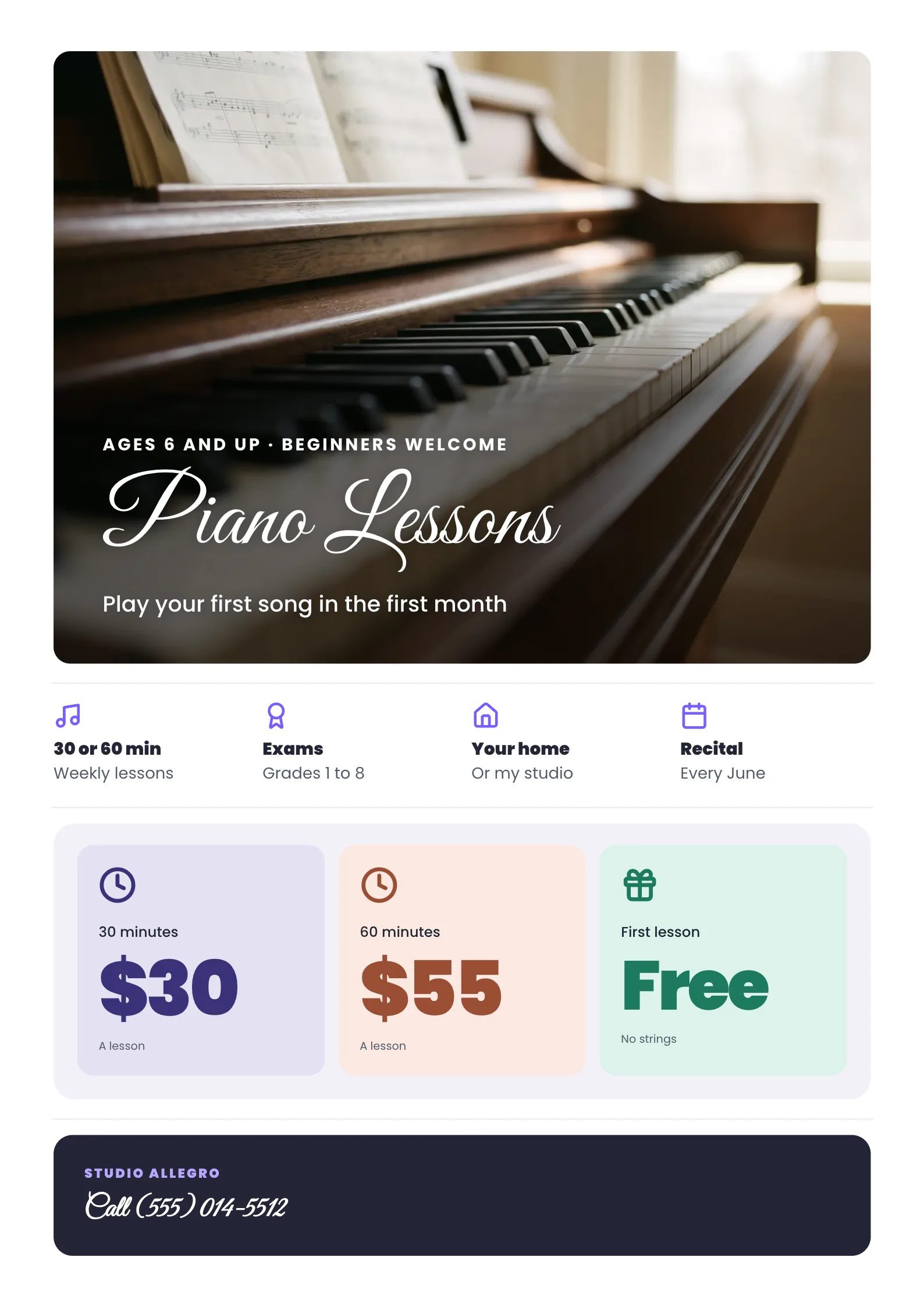 Music Lessons Flyer with a close view of piano keys with a music stand in soft window light