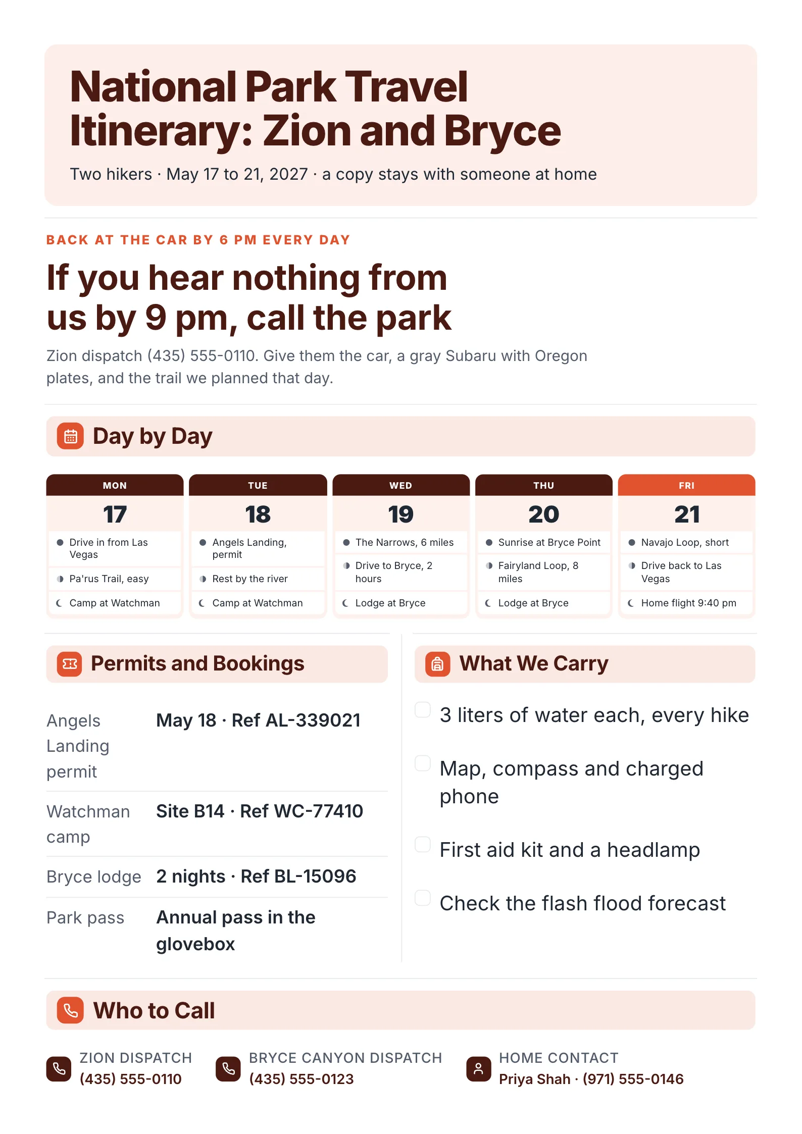 National park travel itinerary for Zion and Bryce Canyon, with a late-return plan, five days of hikes, permits, essentials and contacts