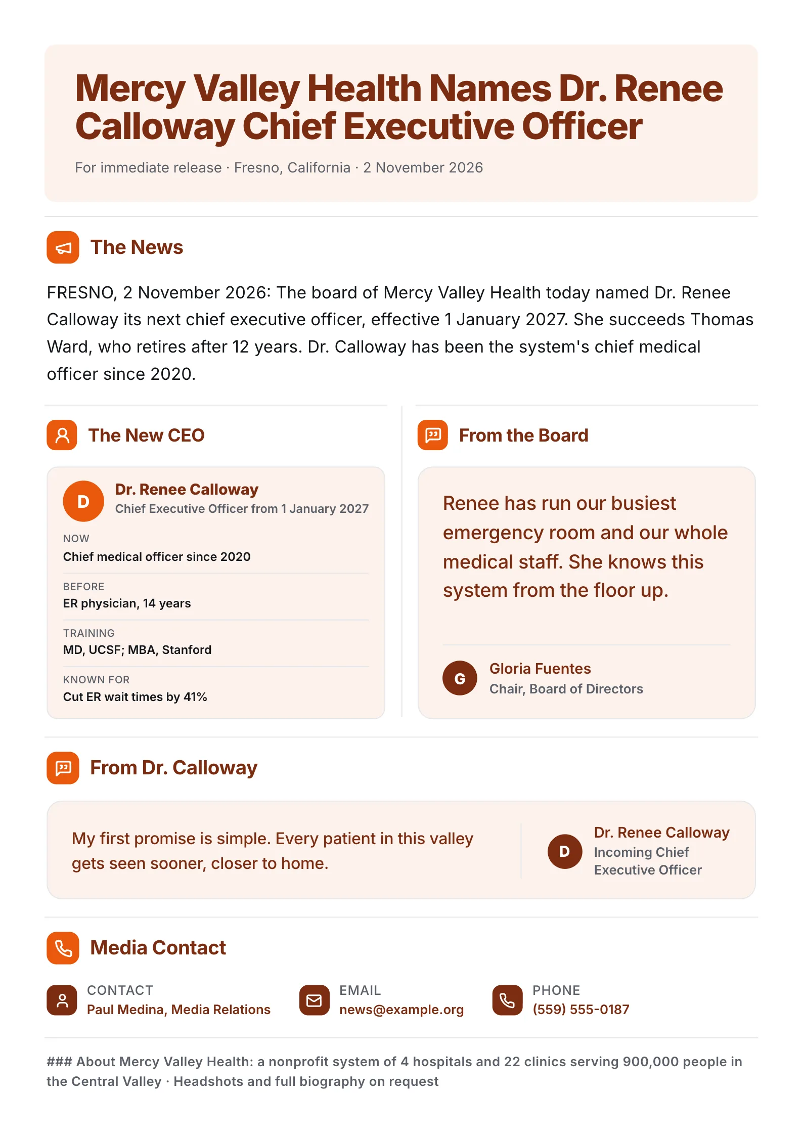 New CEO announcement press release One-Pager with a profile card, career milestones and two quotes