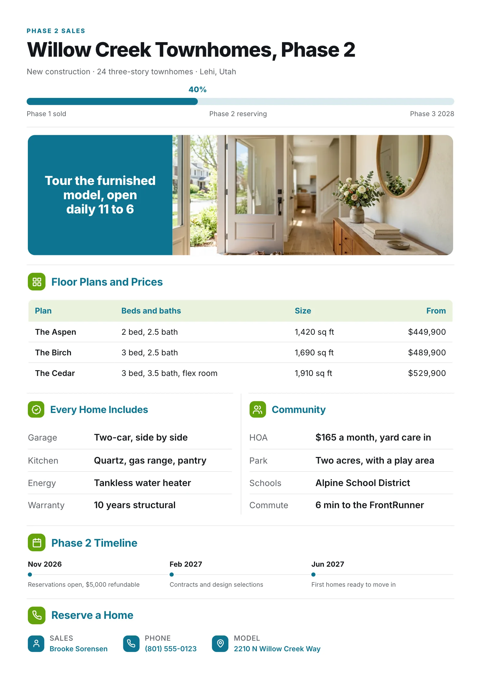 Property fact sheet for new construction townhomes with a model home photo, three floor plans and prices