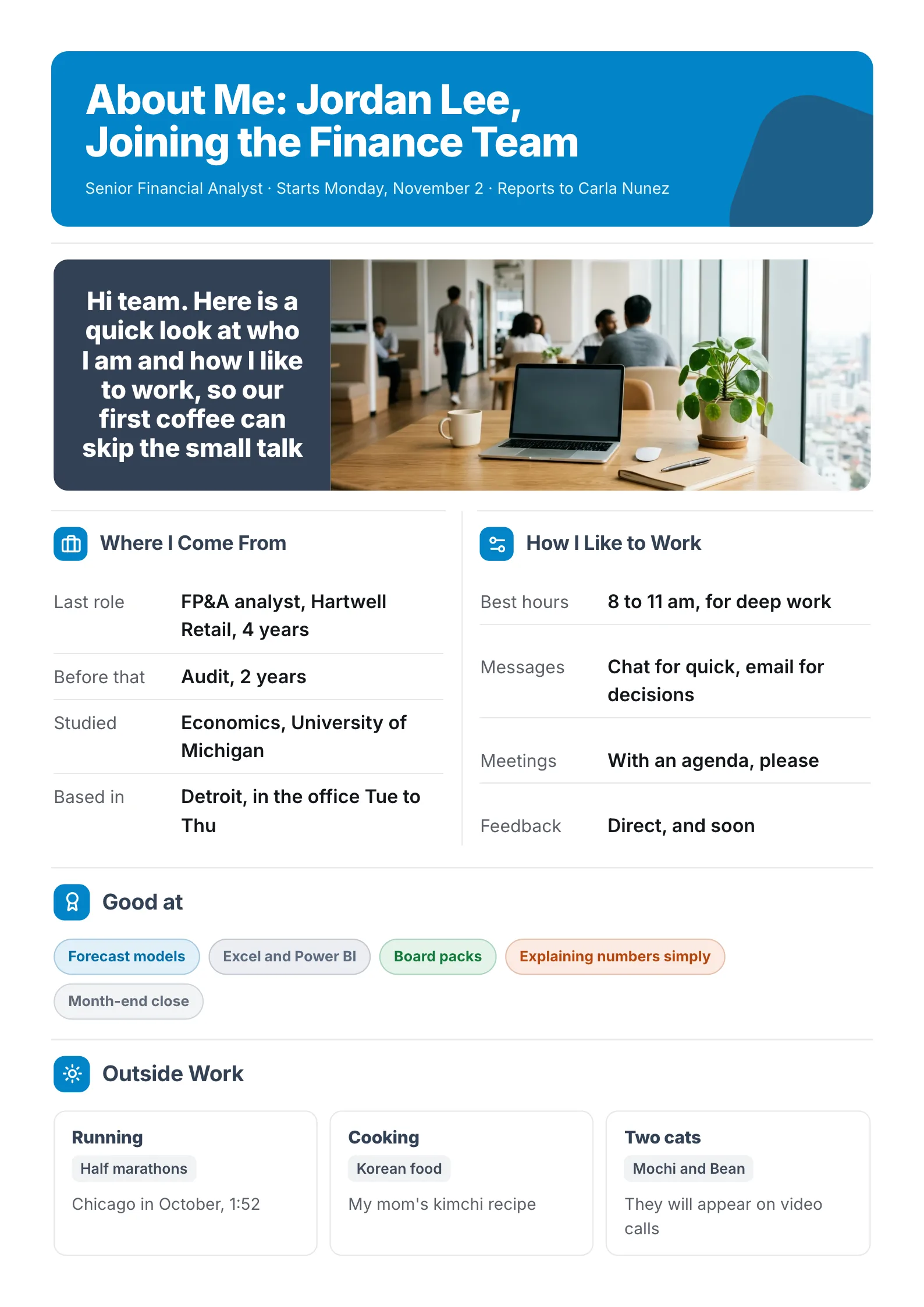 New employee about me One-Pager with work background, working style, skill tags and hobbies