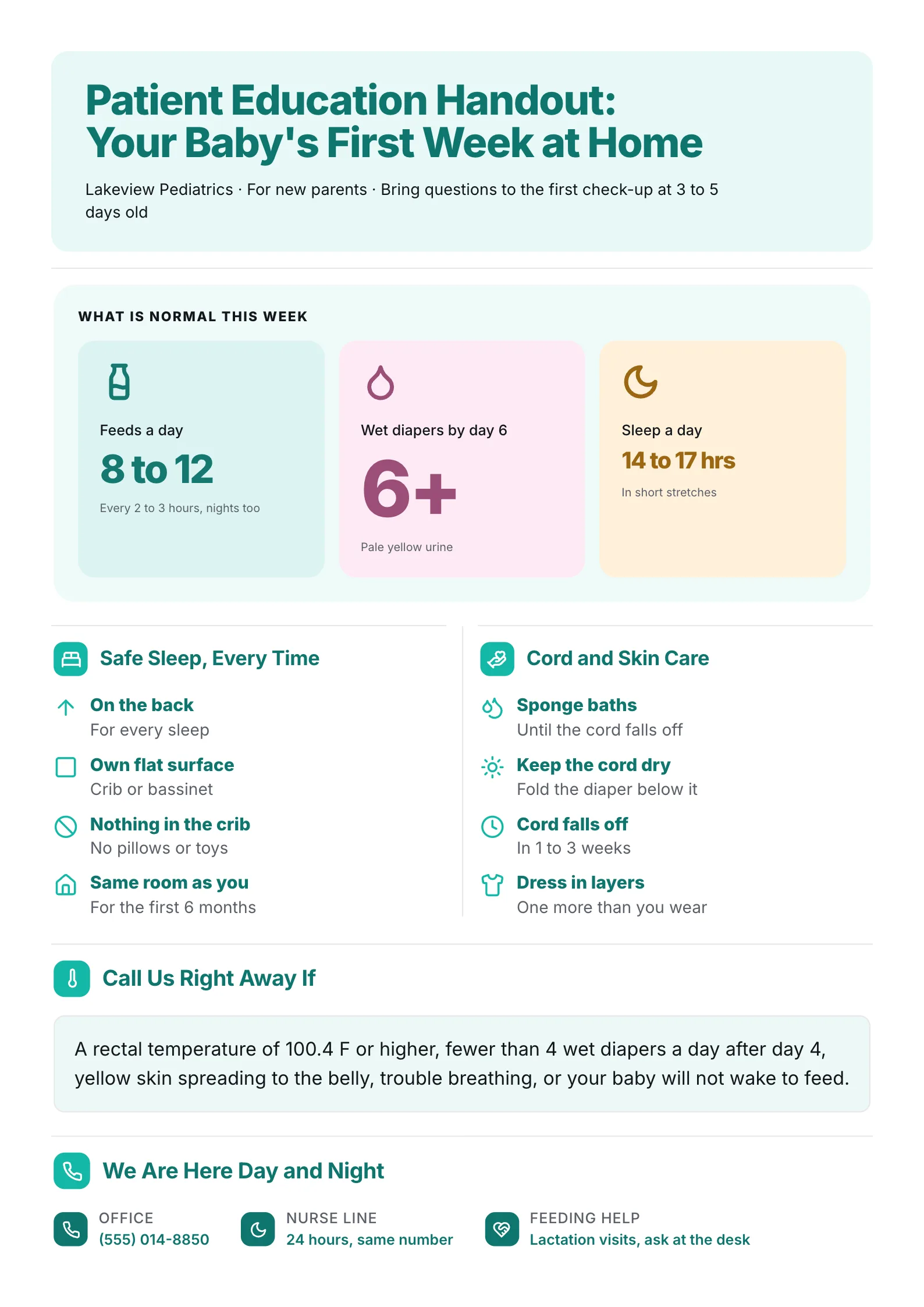 Newborn care patient education handout One-Pager with feeding and diaper numbers, safe sleep and cord care