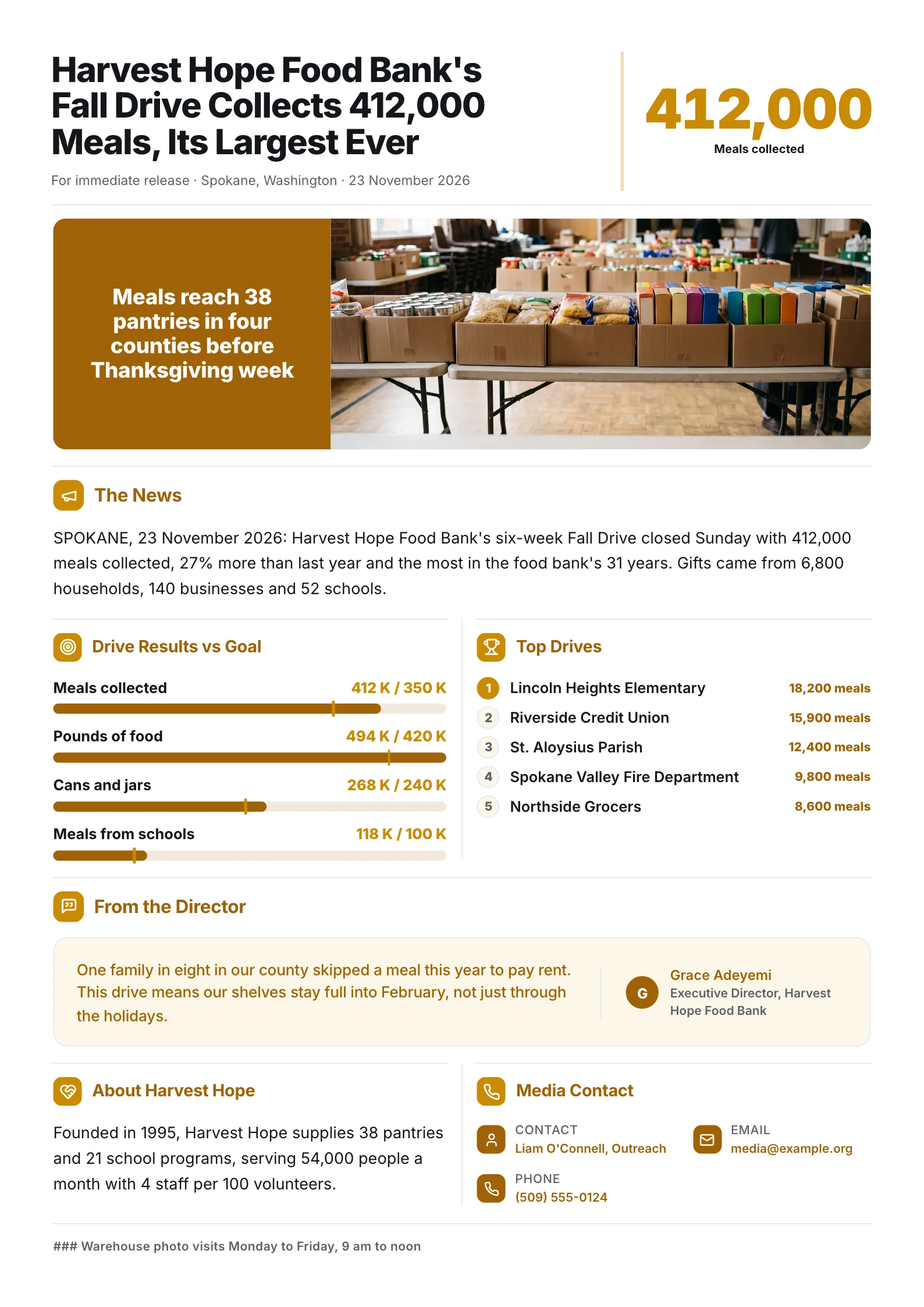 Nonprofit fundraising results press release One-Pager with a big total, results against goal and top drives