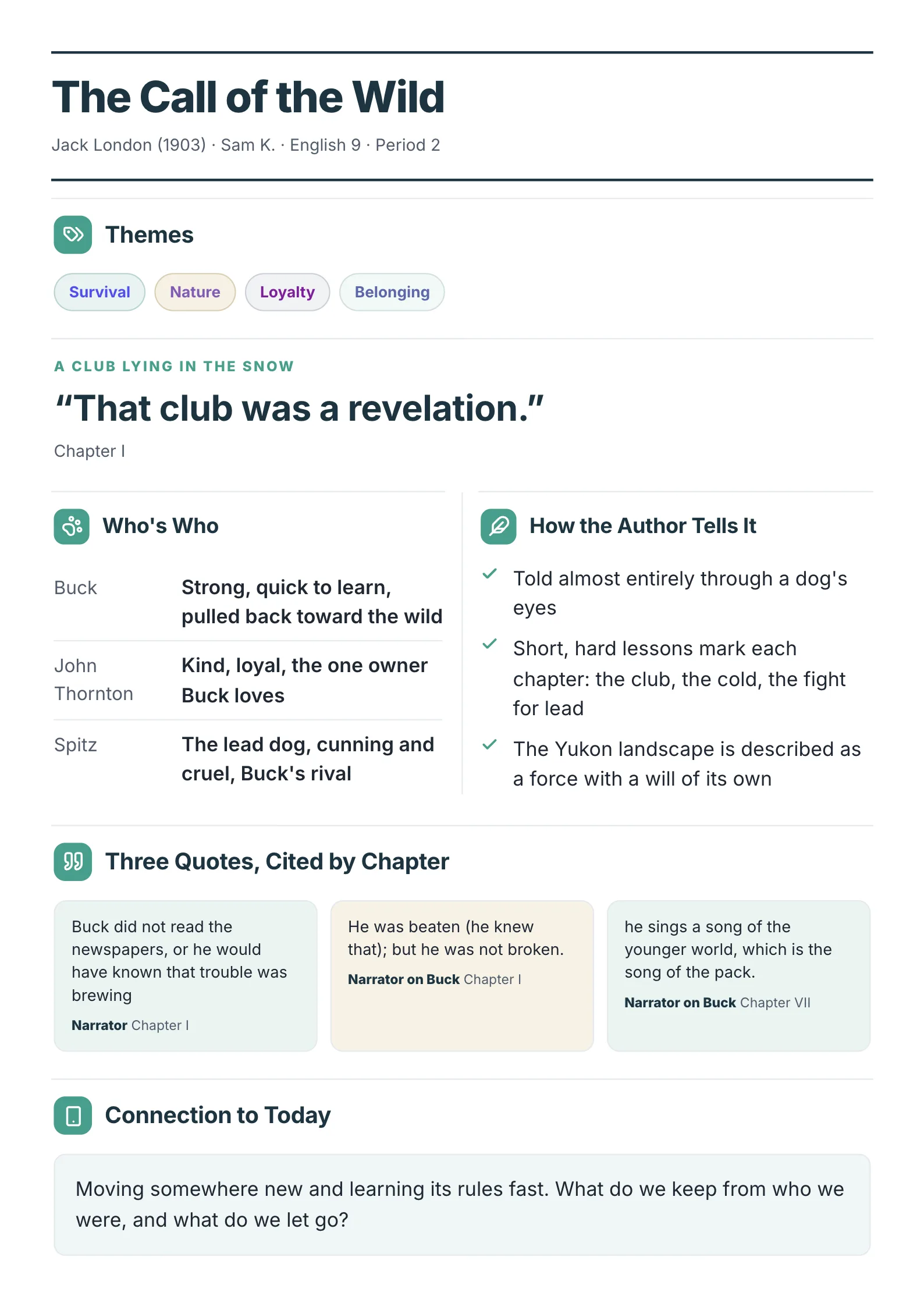 Novel One-Pager template on The Call of the Wild by Jack London with themes, the club symbol, Buck's traits and three quotes cited by chapter