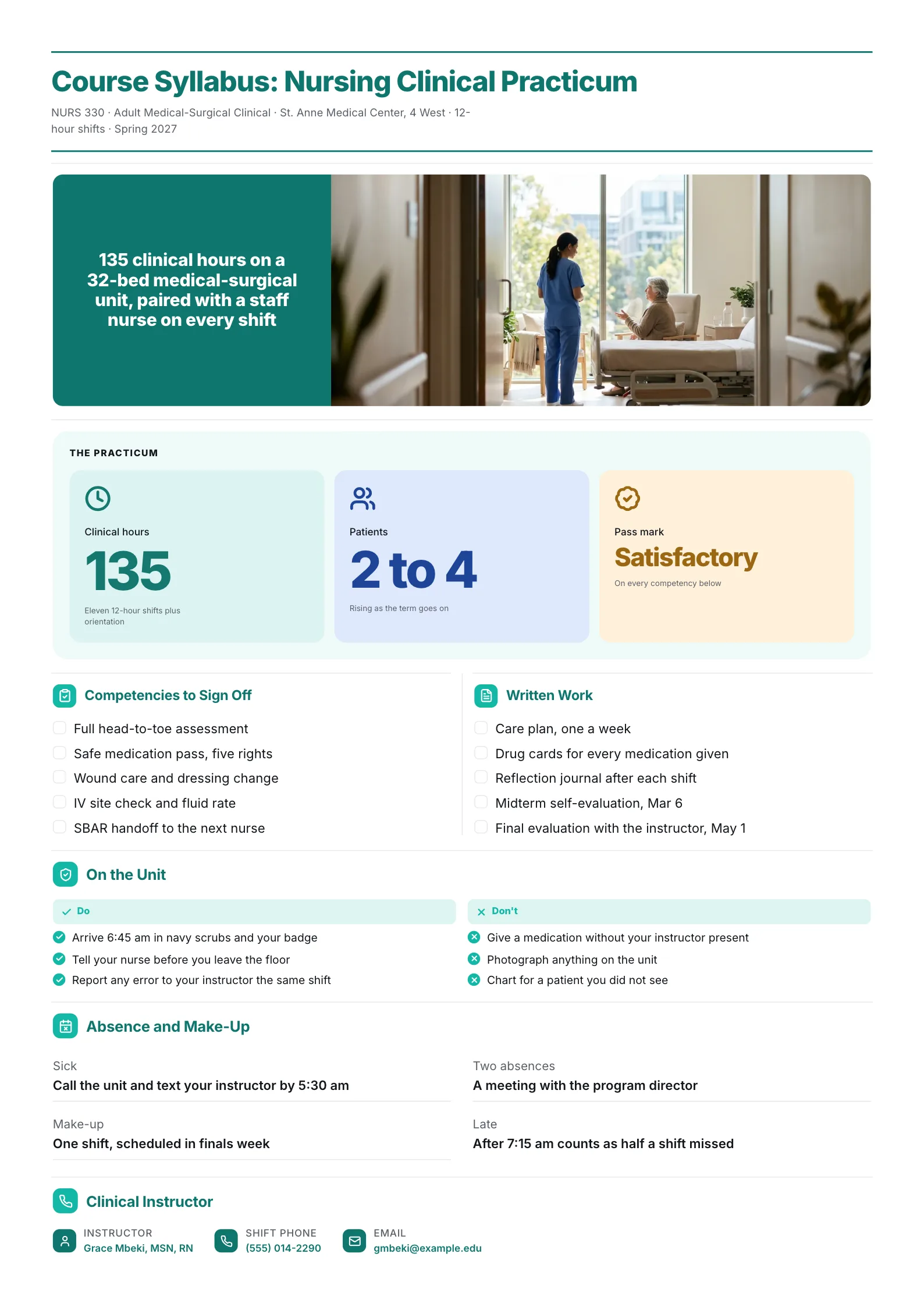 Nursing clinical practicum course syllabus One-Pager with a hospital photo, competency checklists and unit rules