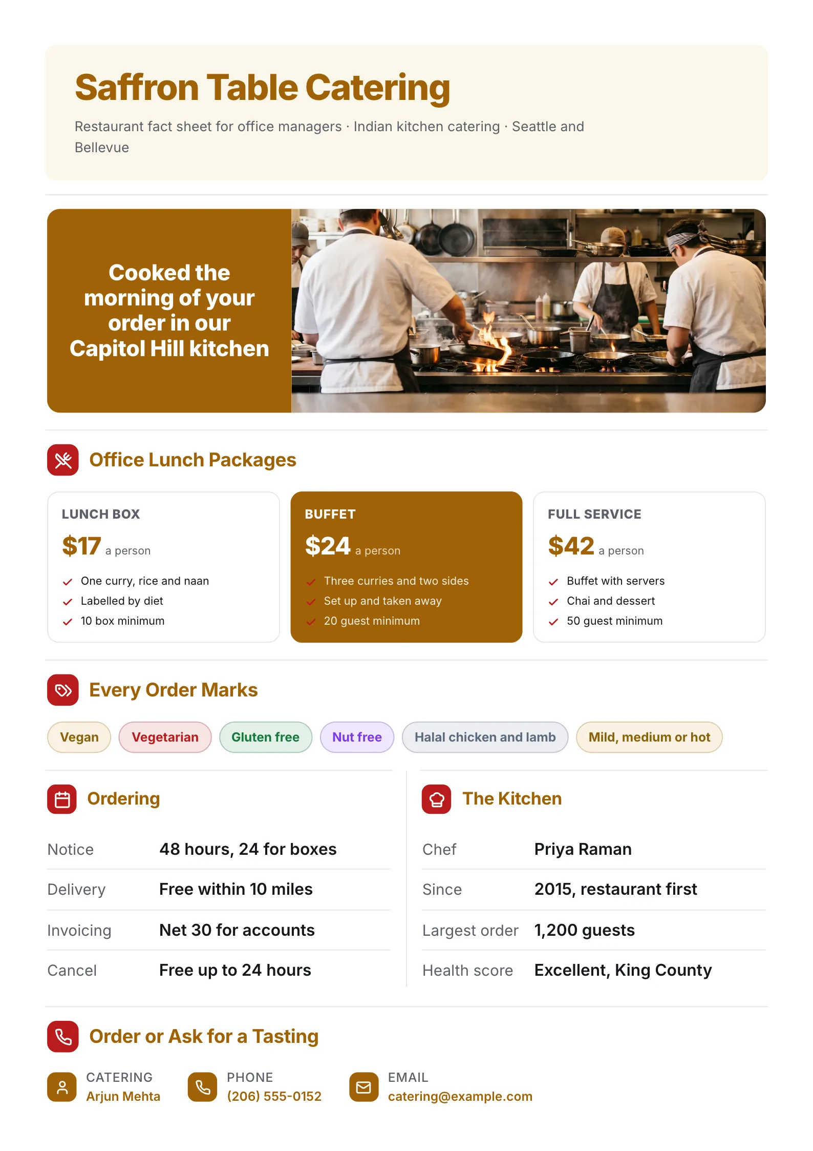 Restaurant fact sheet for office catering with a kitchen pass photo, three lunch packages and diet labels