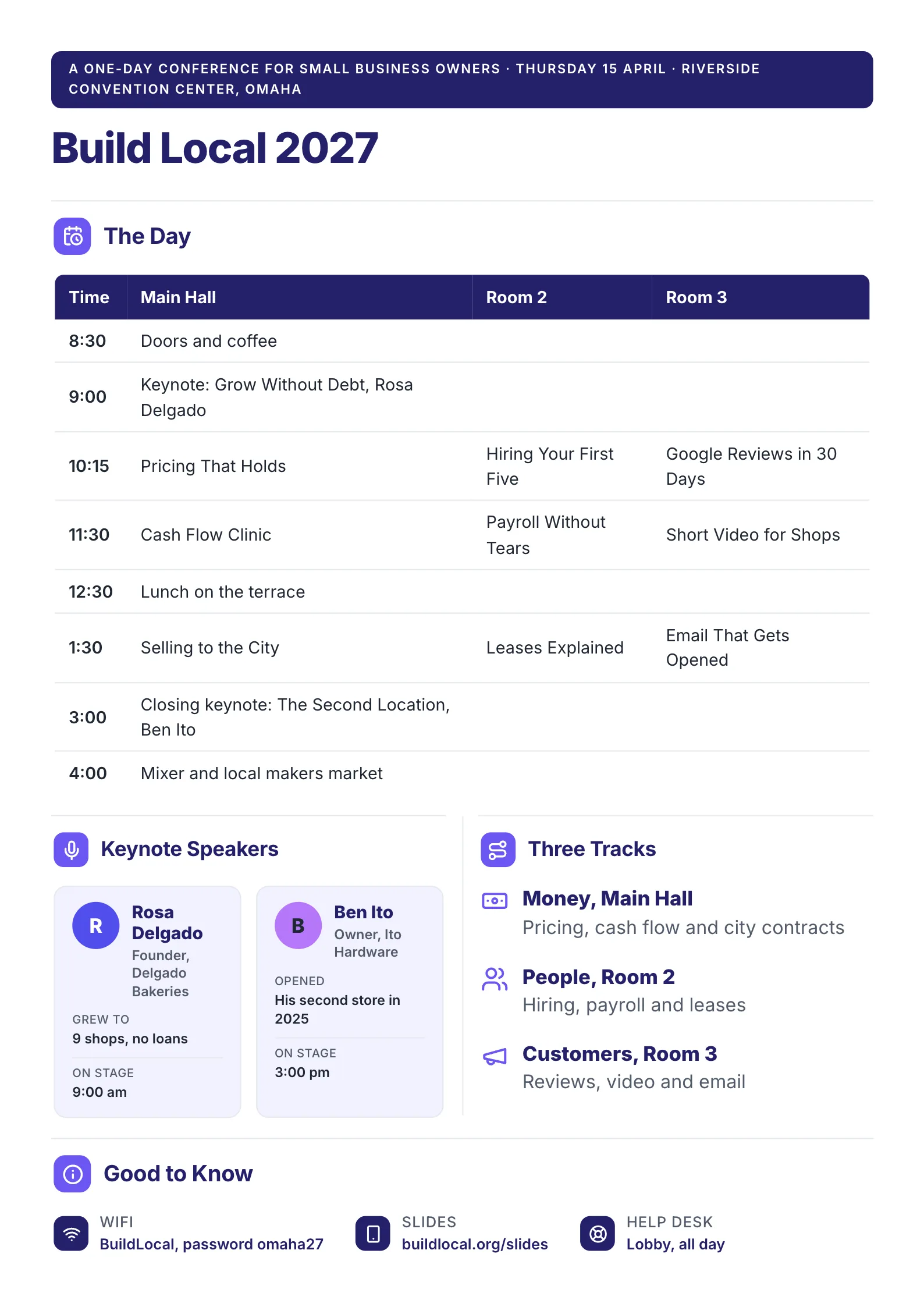 One-day conference event program with a session table by time and room, keynote speakers and attendee details