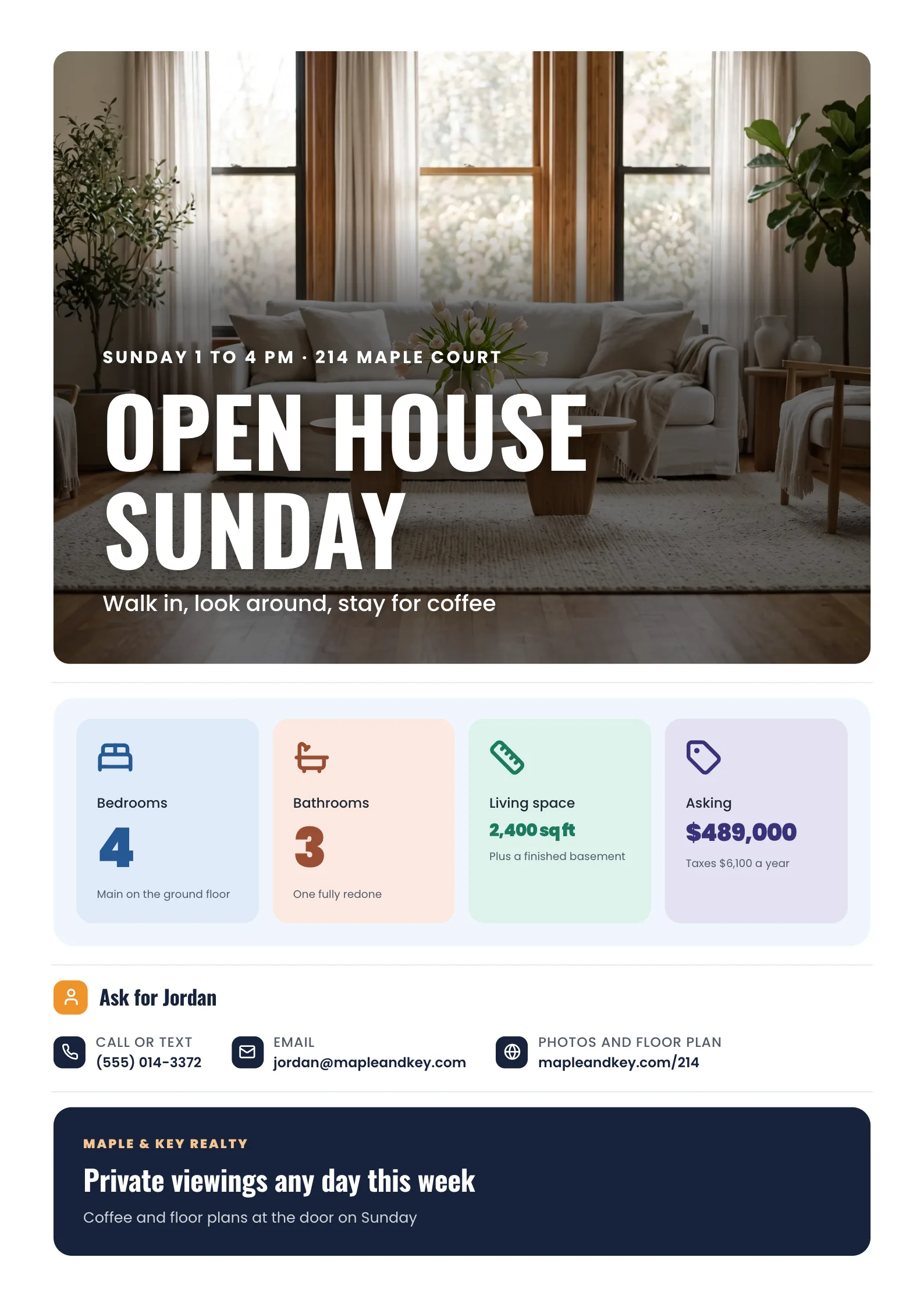 Open house flyer with a bright living room, tiles for bedrooms, bathrooms, space and price, and agent contacts