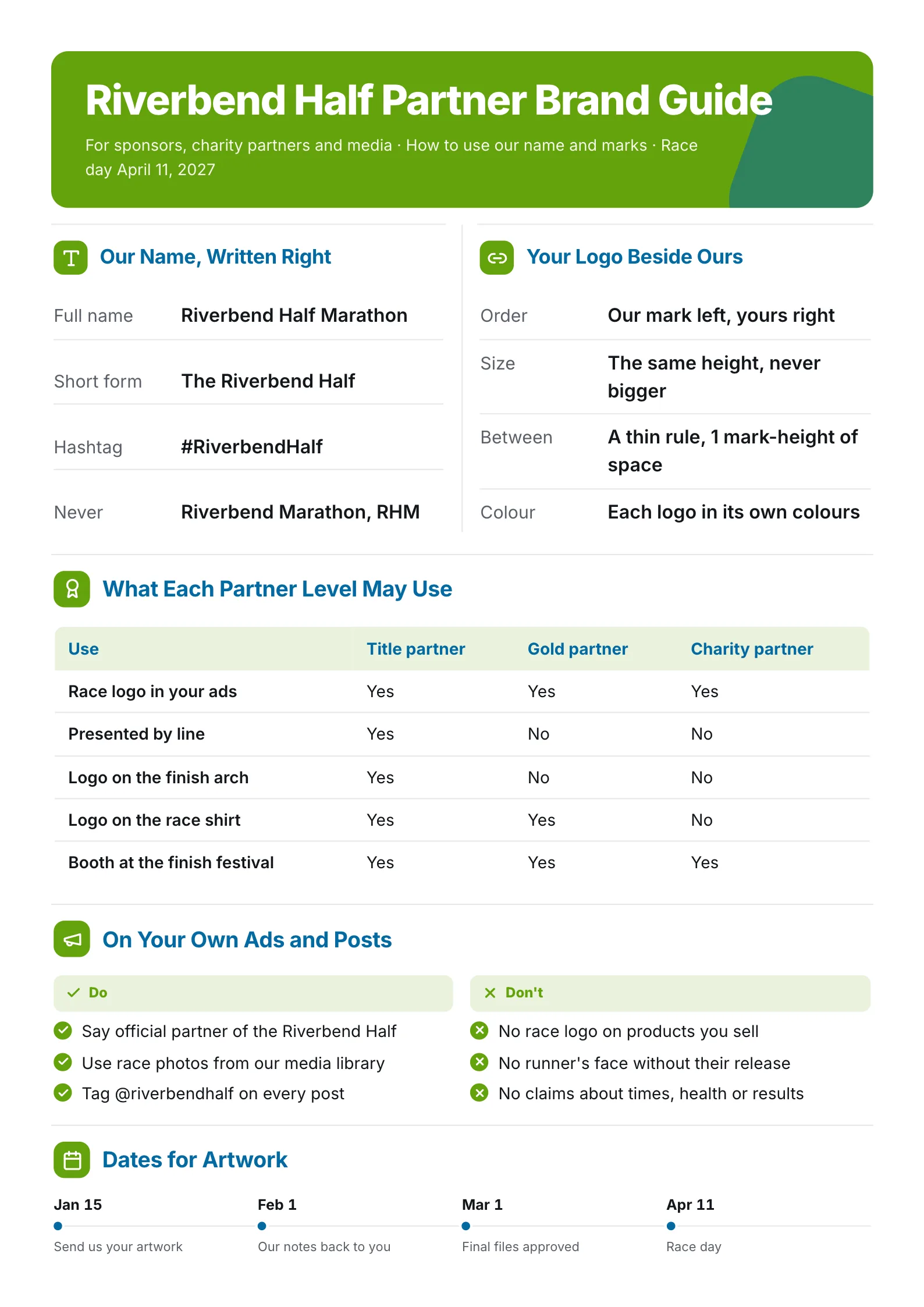 Partner brand guide One-Pager for a half marathon with co-branding rules and a partner level usage table