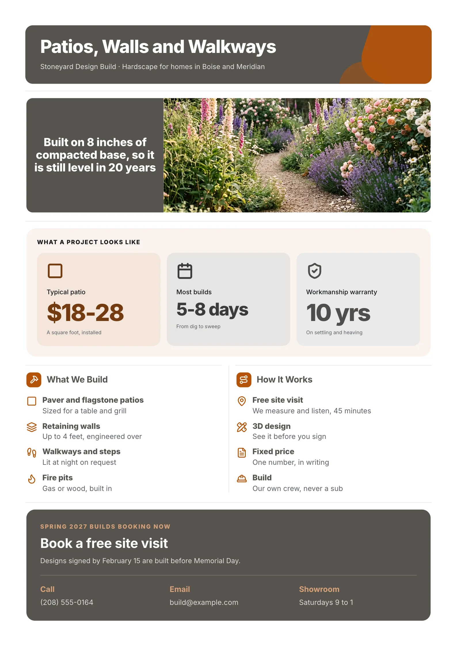 Landscaping flyer for patio and hardscape design build with a stone path photo, project numbers and services