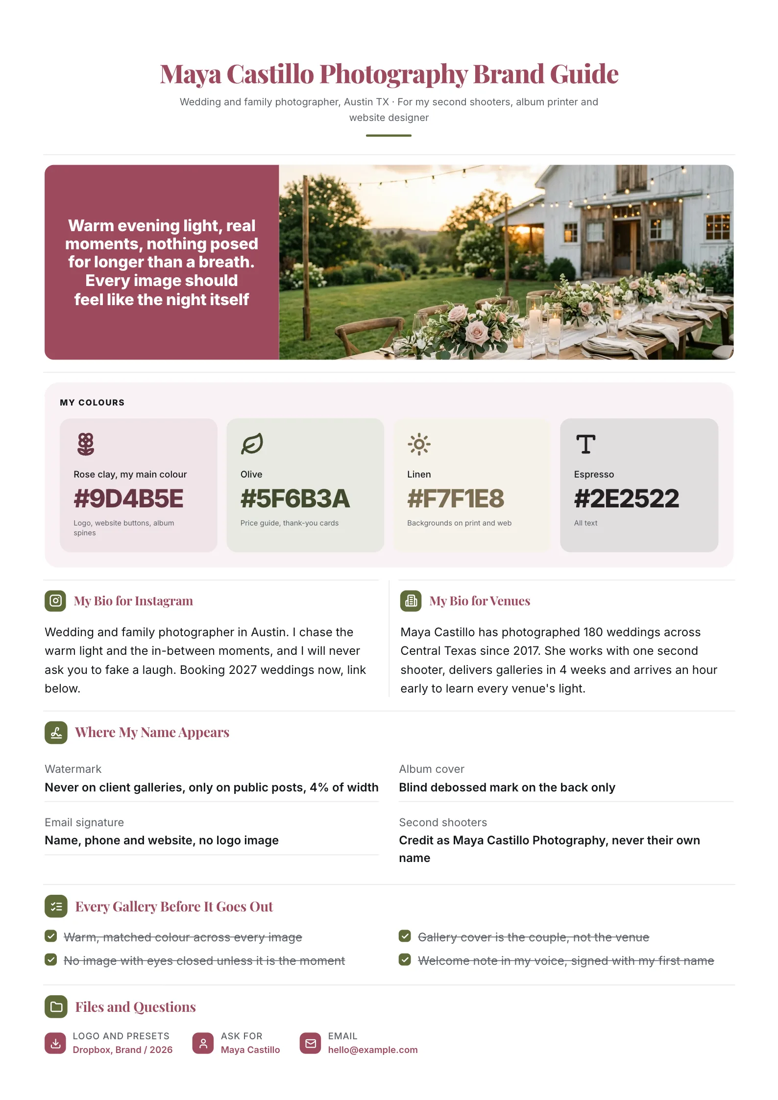Personal brand guide One-Pager for a photographer with a wedding photo, colour swatches and two bios