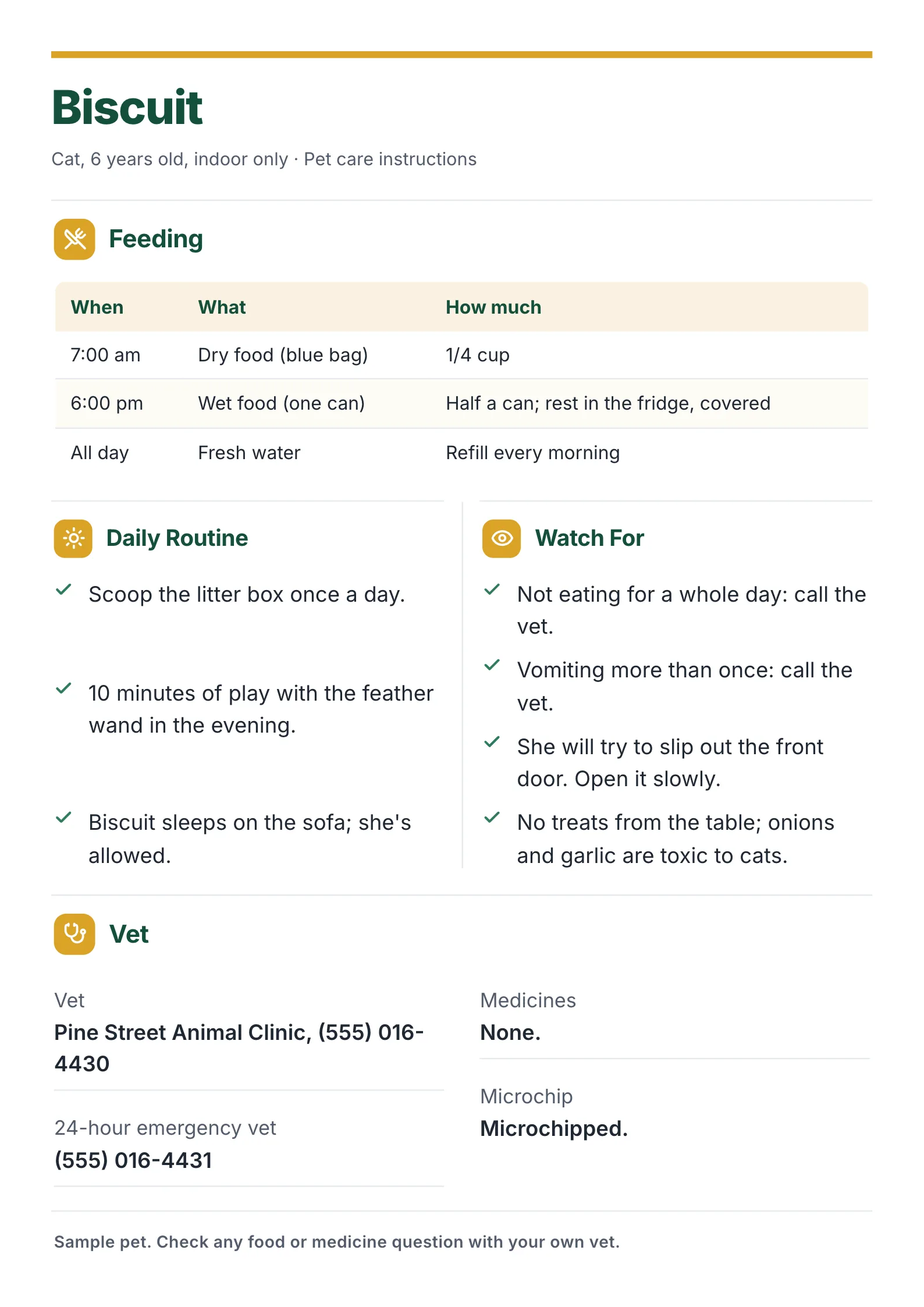 Pet care instructions One-Pager template for an indoor cat with a feeding table, the daily routine, what to watch for and the vet's numbers