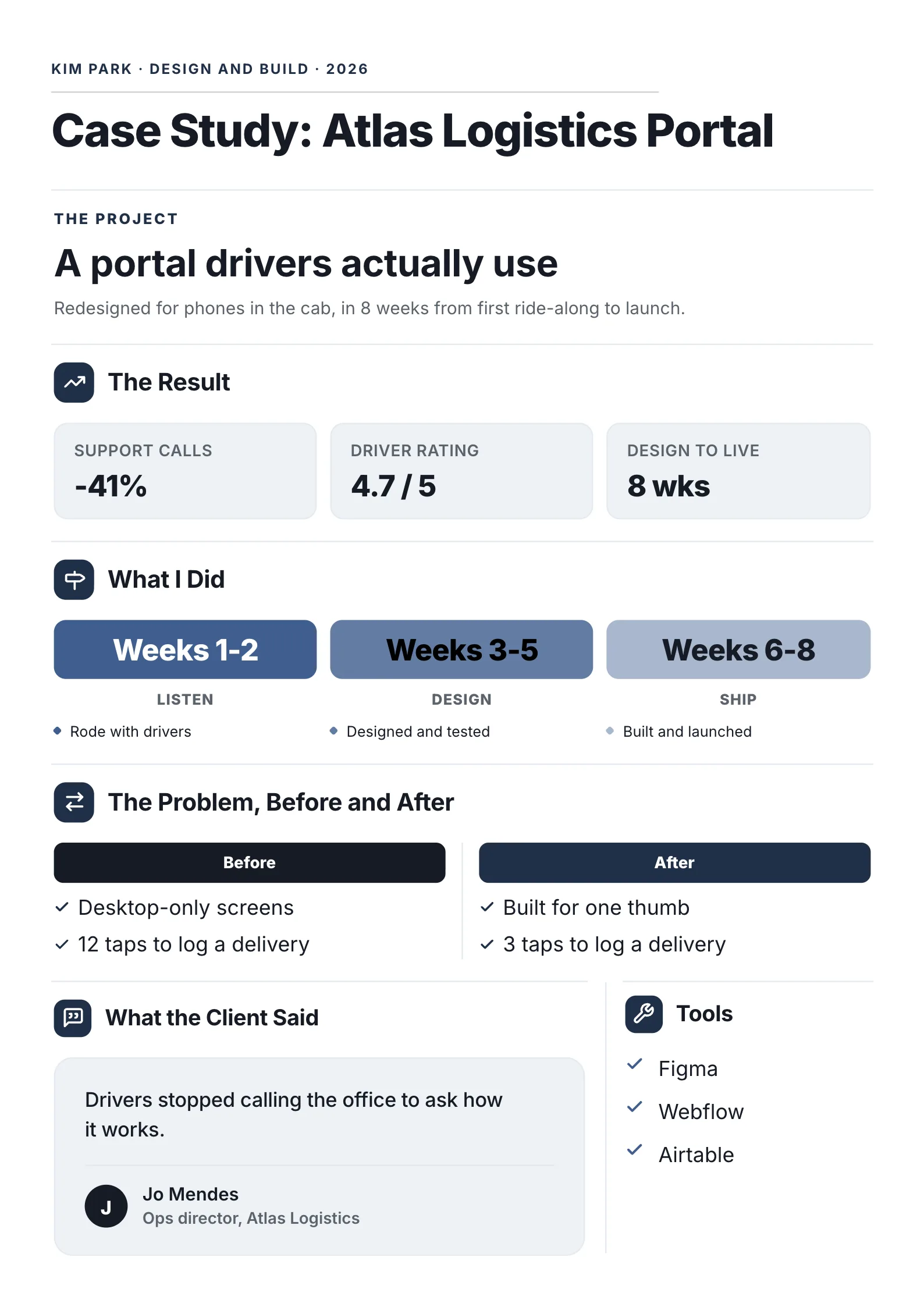 Portfolio project One-Pager template with the project in the spotlight, the result in numbers, the work in phases, before and after and a client quote