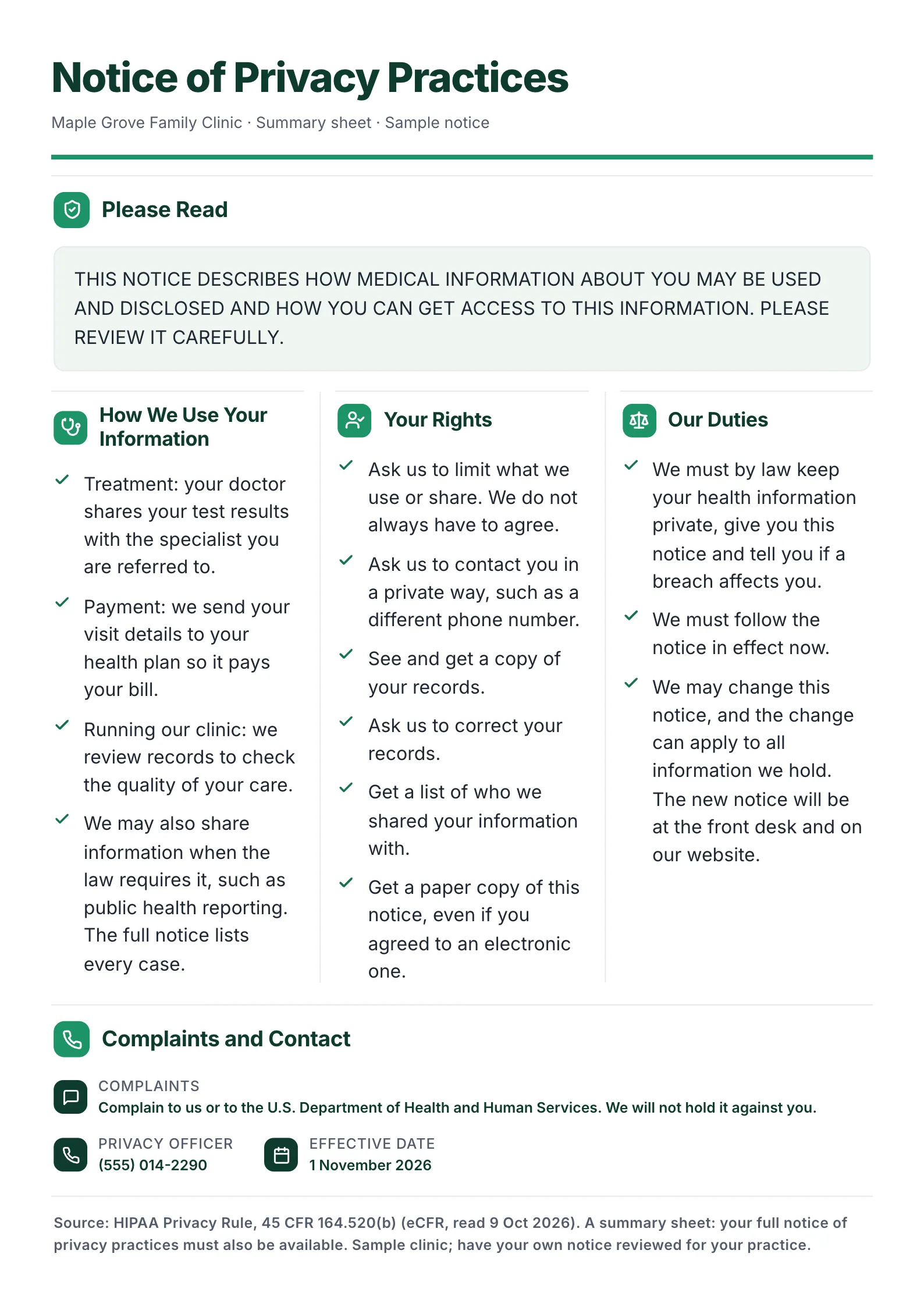 Notice of Privacy Practices summary One-Pager template with the required HIPAA header, uses of information, patient rights, duties, a contact block and the HHS source line