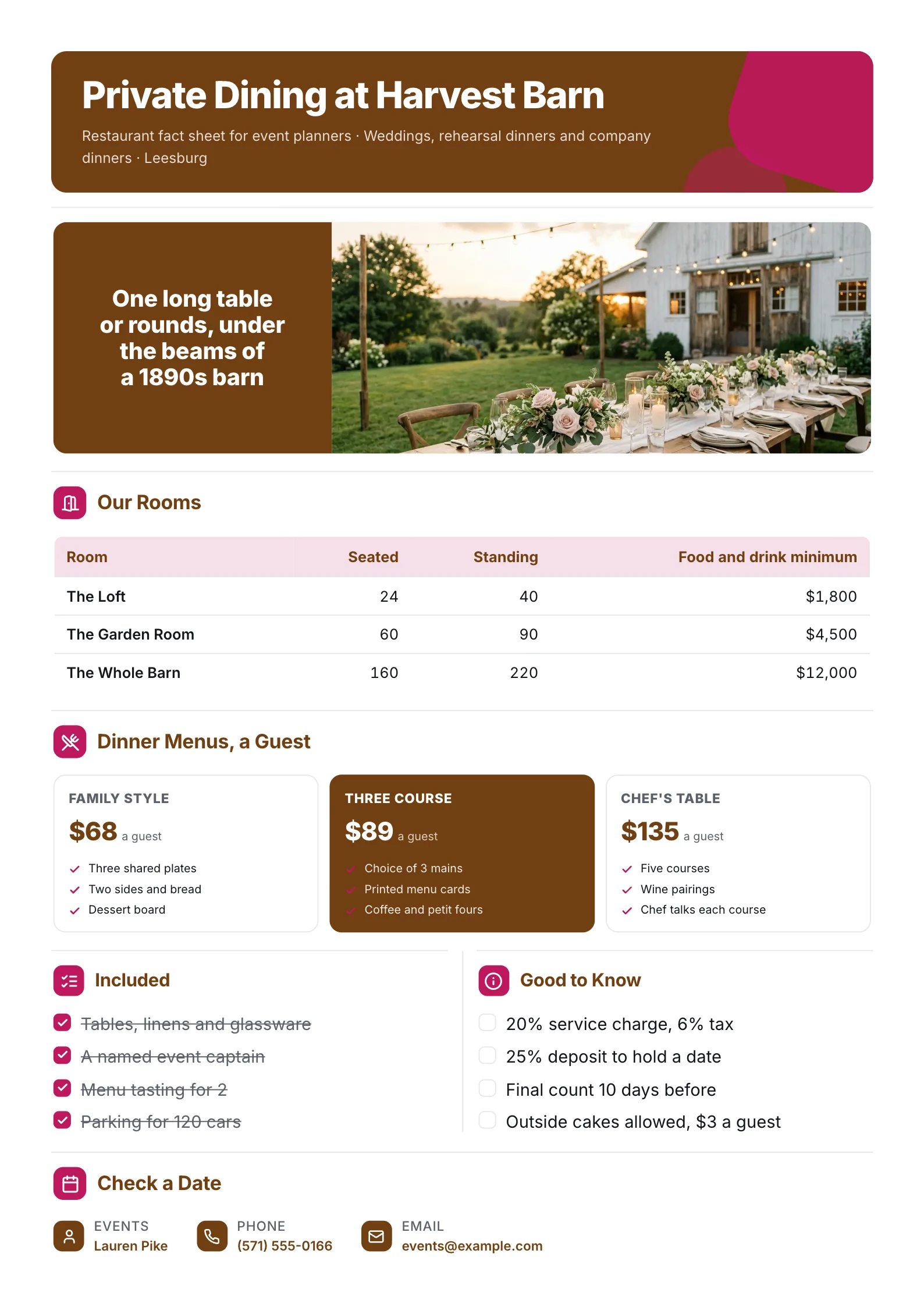 Restaurant fact sheet for private events with a barn dinner photo, a room capacity table and three dinner menus