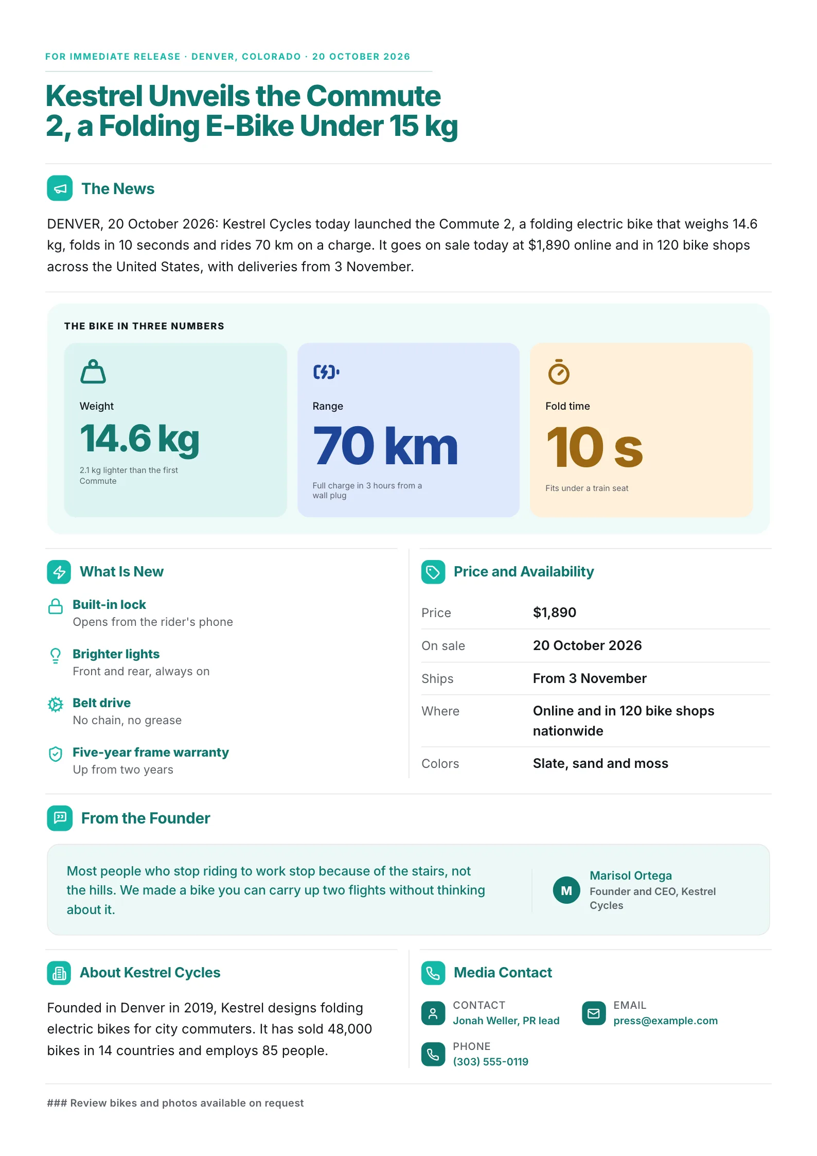 Product launch press release One-Pager for a folding e-bike with specs, price, a founder quote and contact