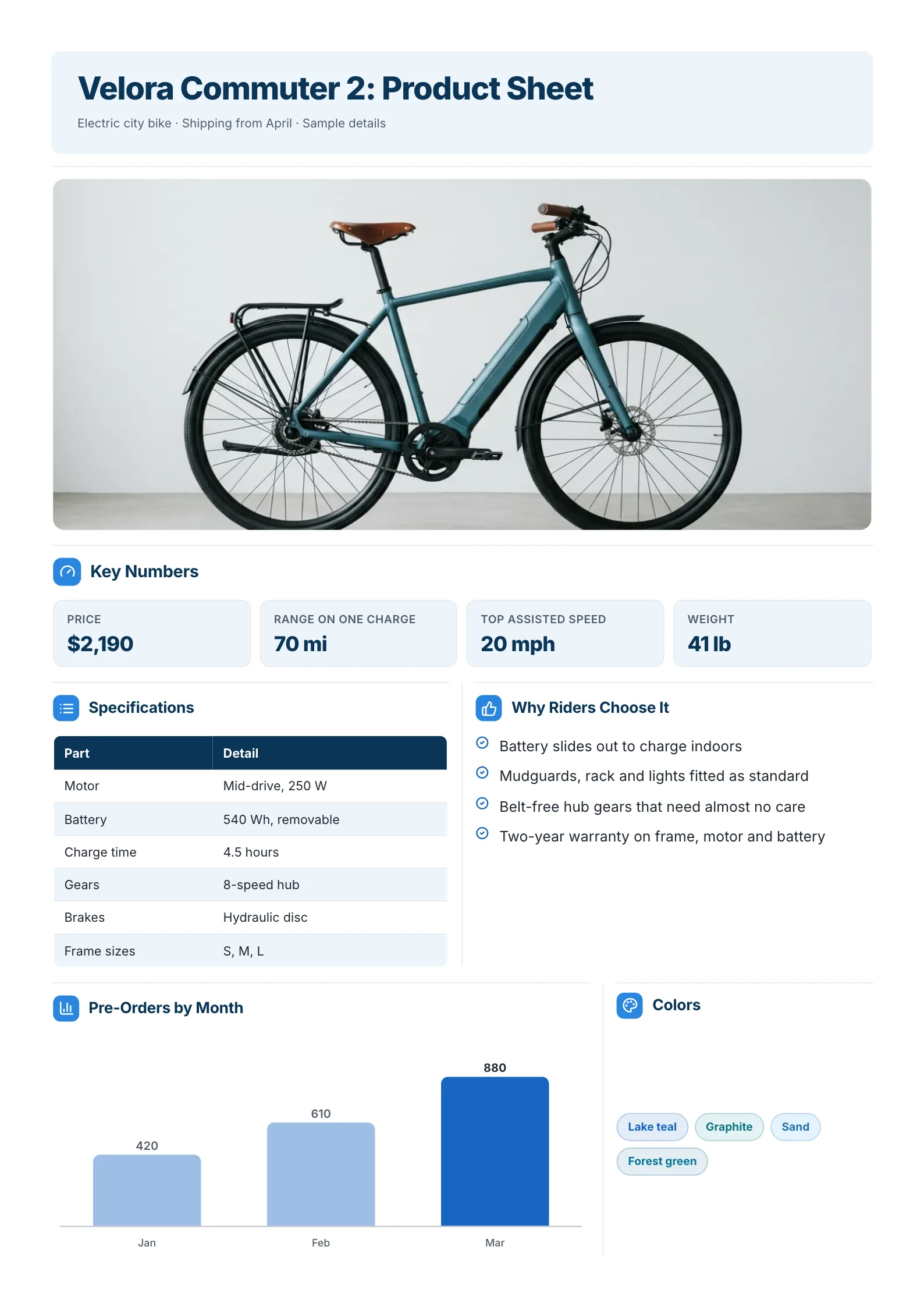 Product spec sheet One-Pager template with a large product photo, key numbers, a specifications table, reasons to buy, colors and pre-orders