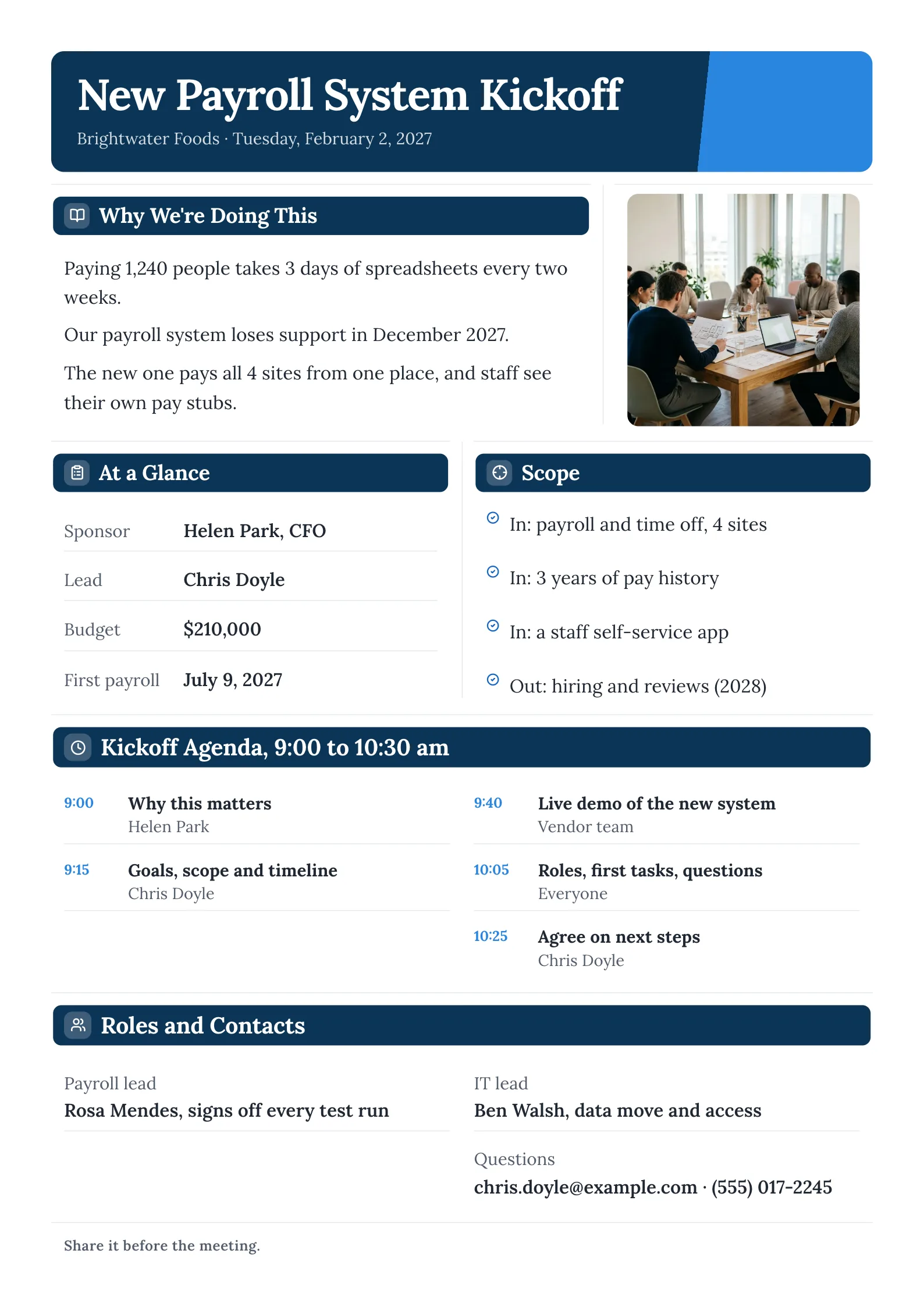 Project Kickoff Brief One-Pager example