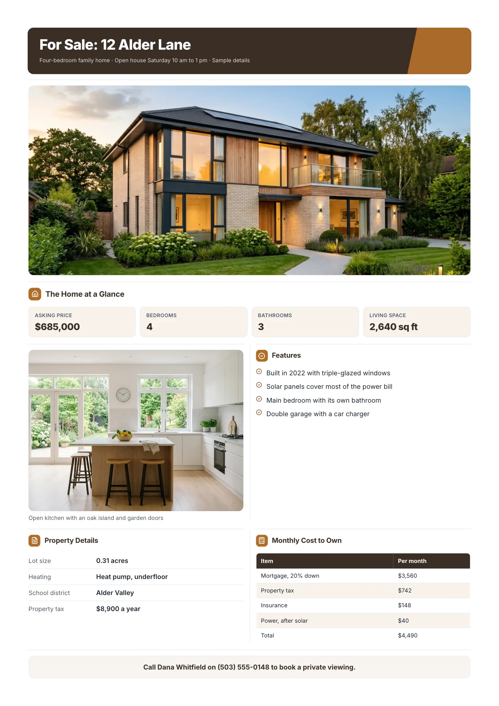 Property listing One-Pager template with a house photo, a kitchen photo, price and room counts, features, property details and the monthly cost to own