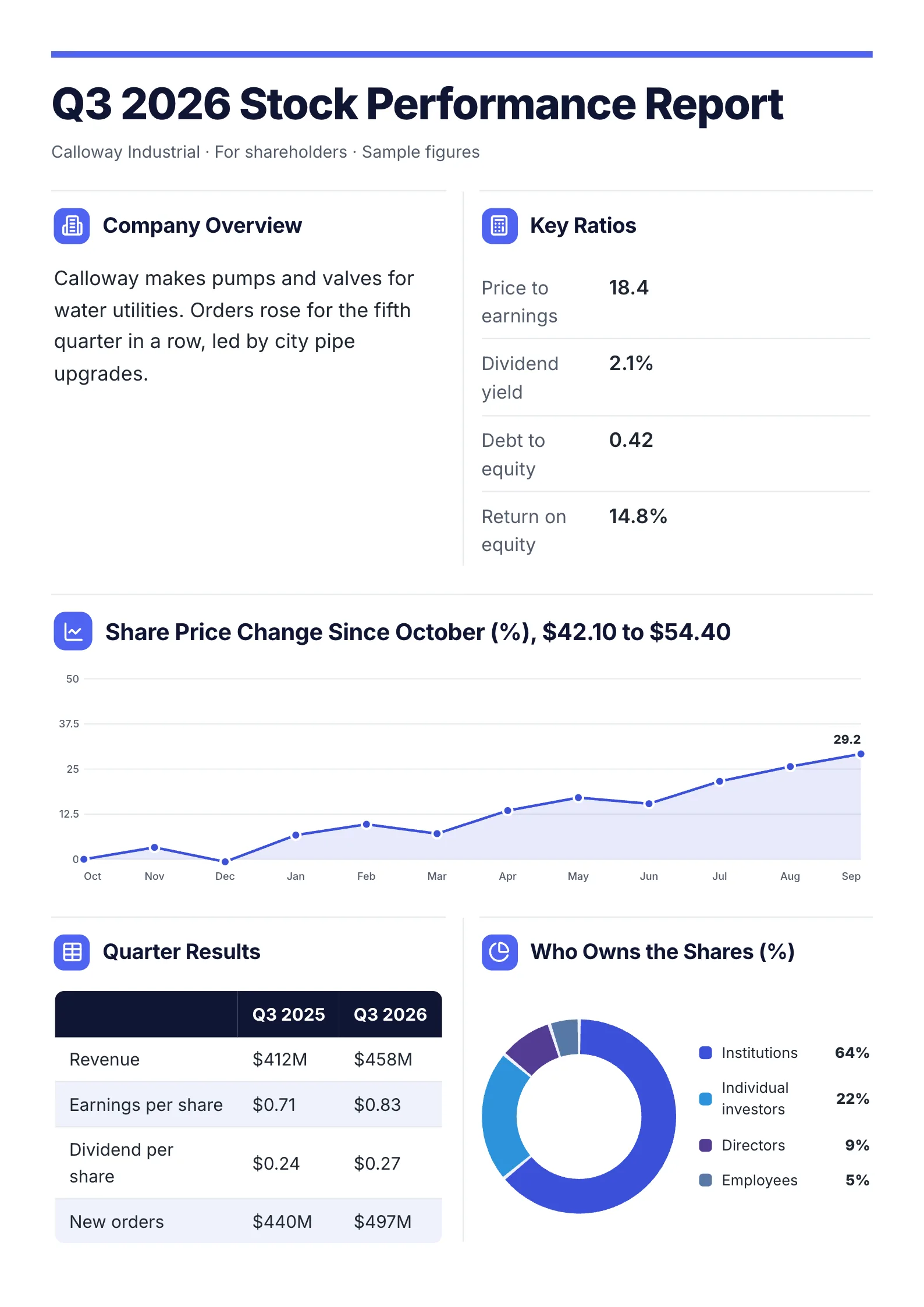 Quarterly stock performance report One-Pager template with a company overview, key ratios, the share price change, quarter results and who owns the shares