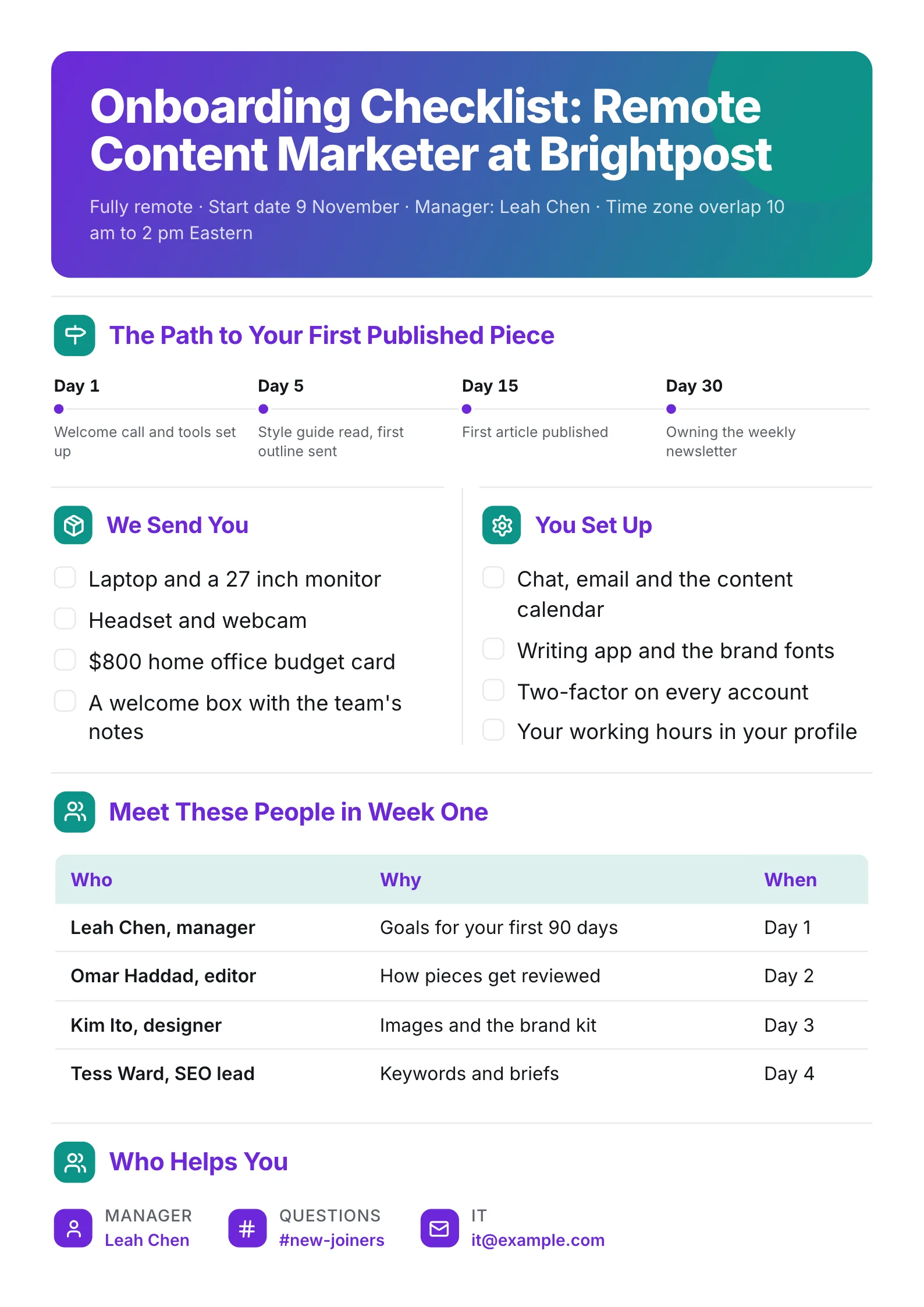Remote employee onboarding checklist One-Pager with equipment, setup tasks and week one meetings
