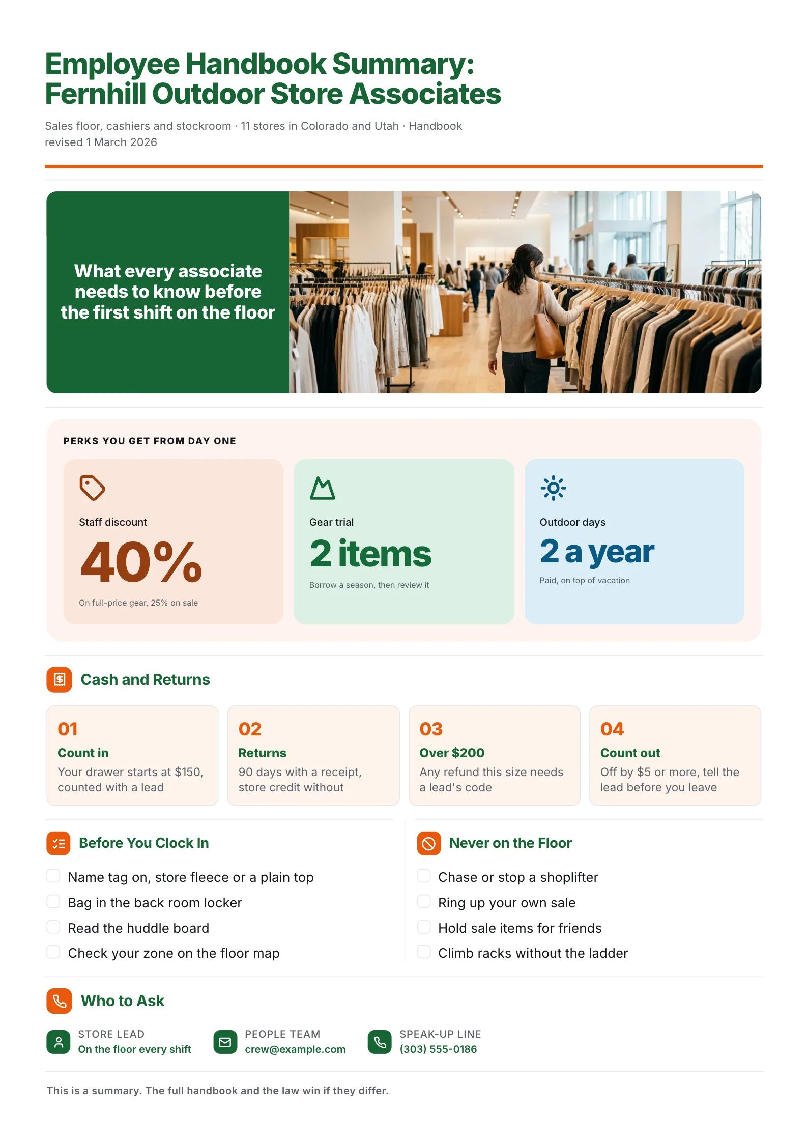 Retail store employee handbook summary One-Pager with perks, cash and returns steps and floor rules