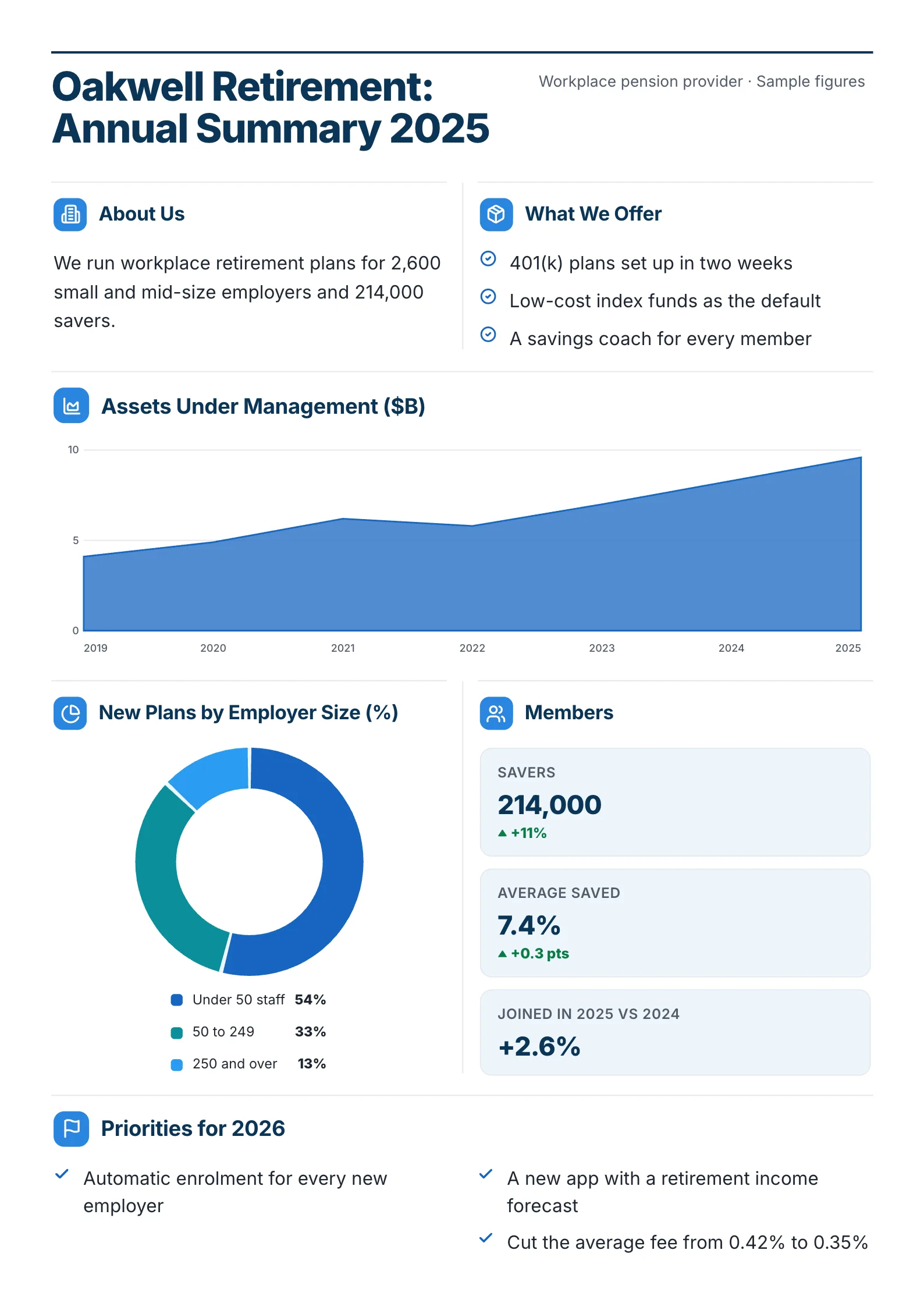Retirement plans annual summary One-Pager template with the provider, what it offers, assets under management, new plans by employer size, members and priorities