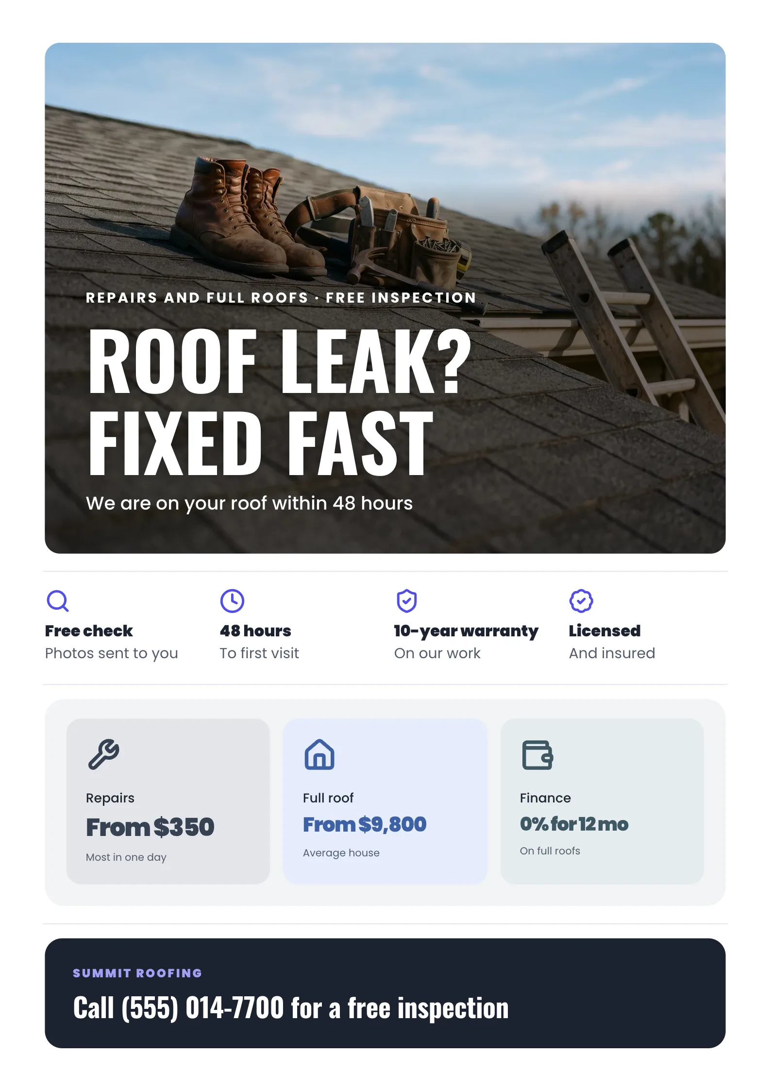 Roofing Flyer with a roofer's boots and tool belt on new dark grey shingles with a ladder at the edge