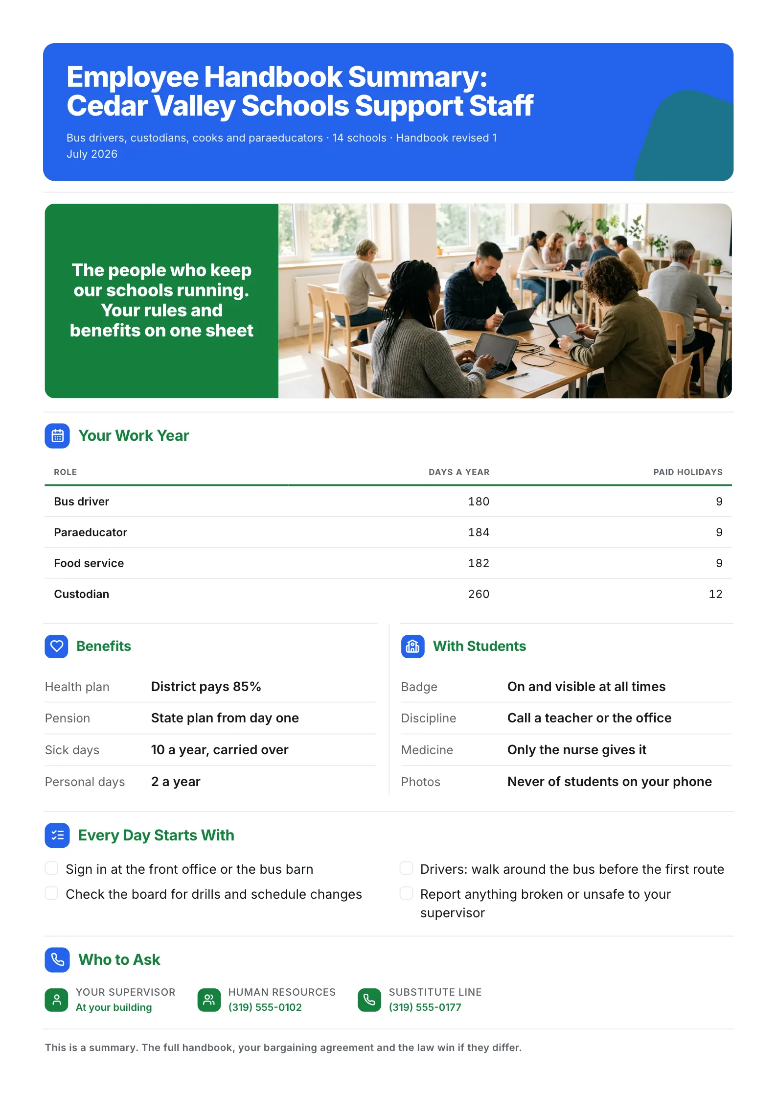 School district employee handbook summary One-Pager with work year table, benefits and student rules