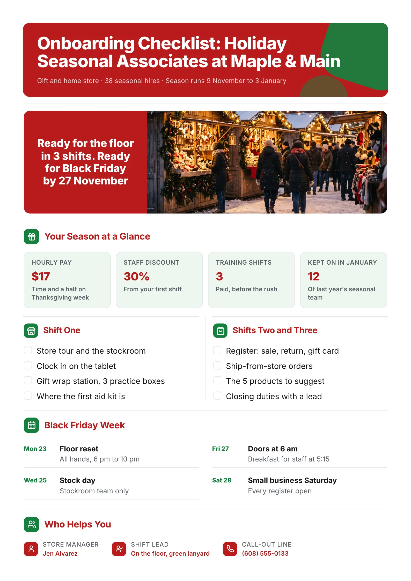 Seasonal retail onboarding checklist One-Pager with training shifts and a Black Friday week agenda