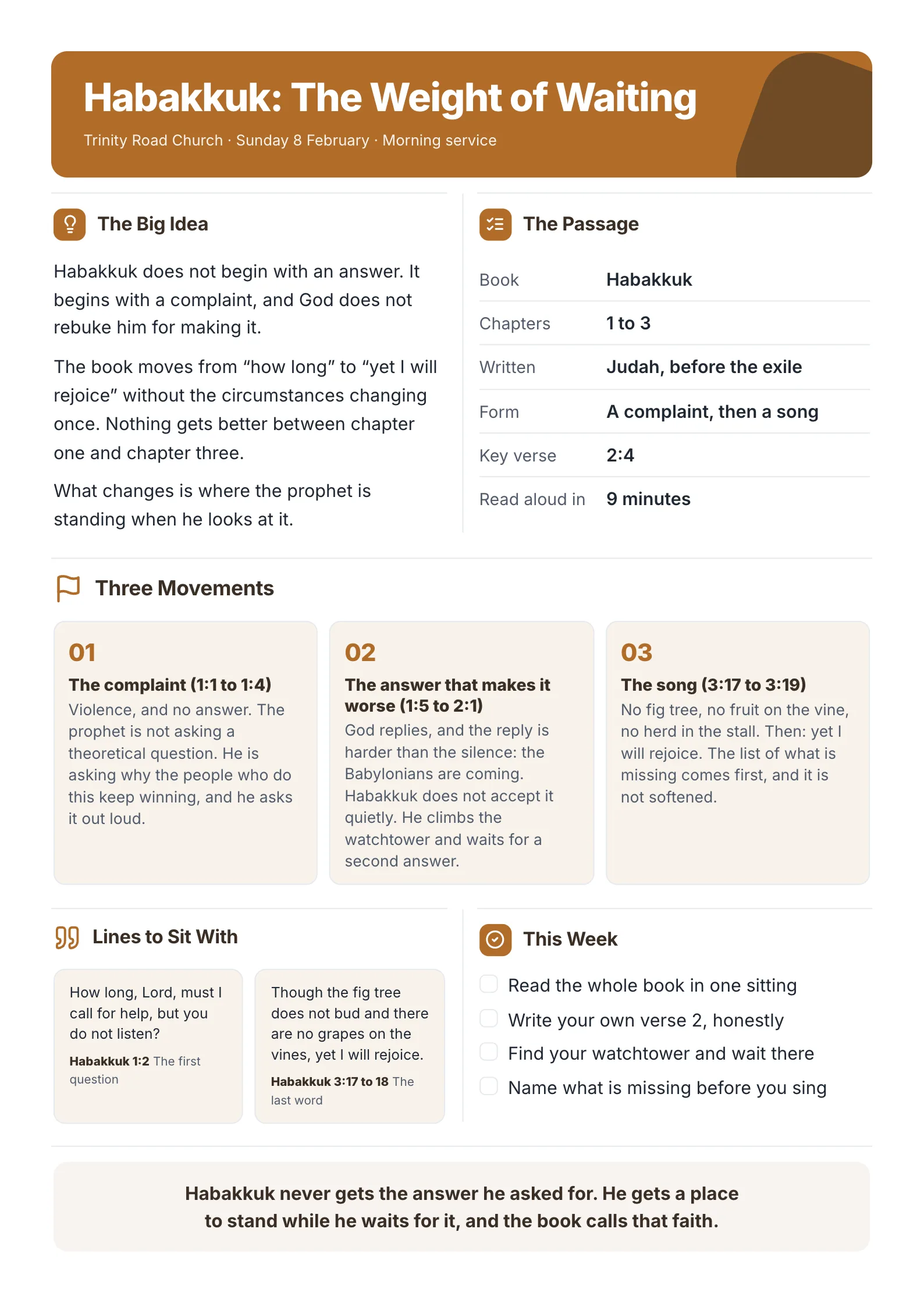 Sermon notes One-Pager example with the big idea, the Bible passage, three movements, key quotes and steps for the week