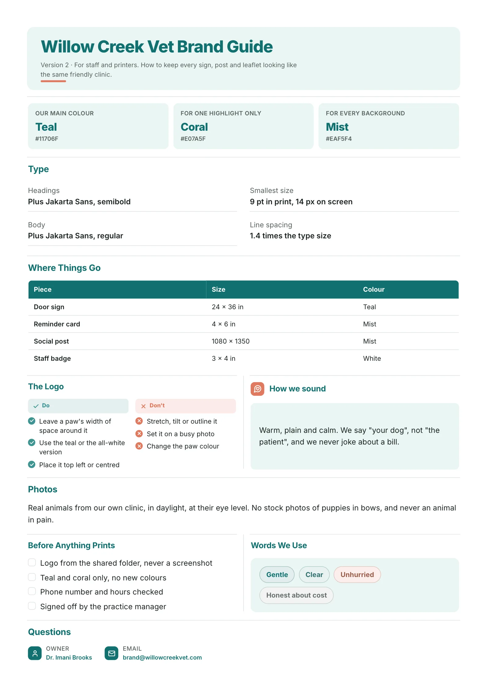 Brand guide One-Pager template with the main and highlight colours, heading and body type, a sizes table for print and social, logo dos and don'ts, tone of voice and a print checklist
