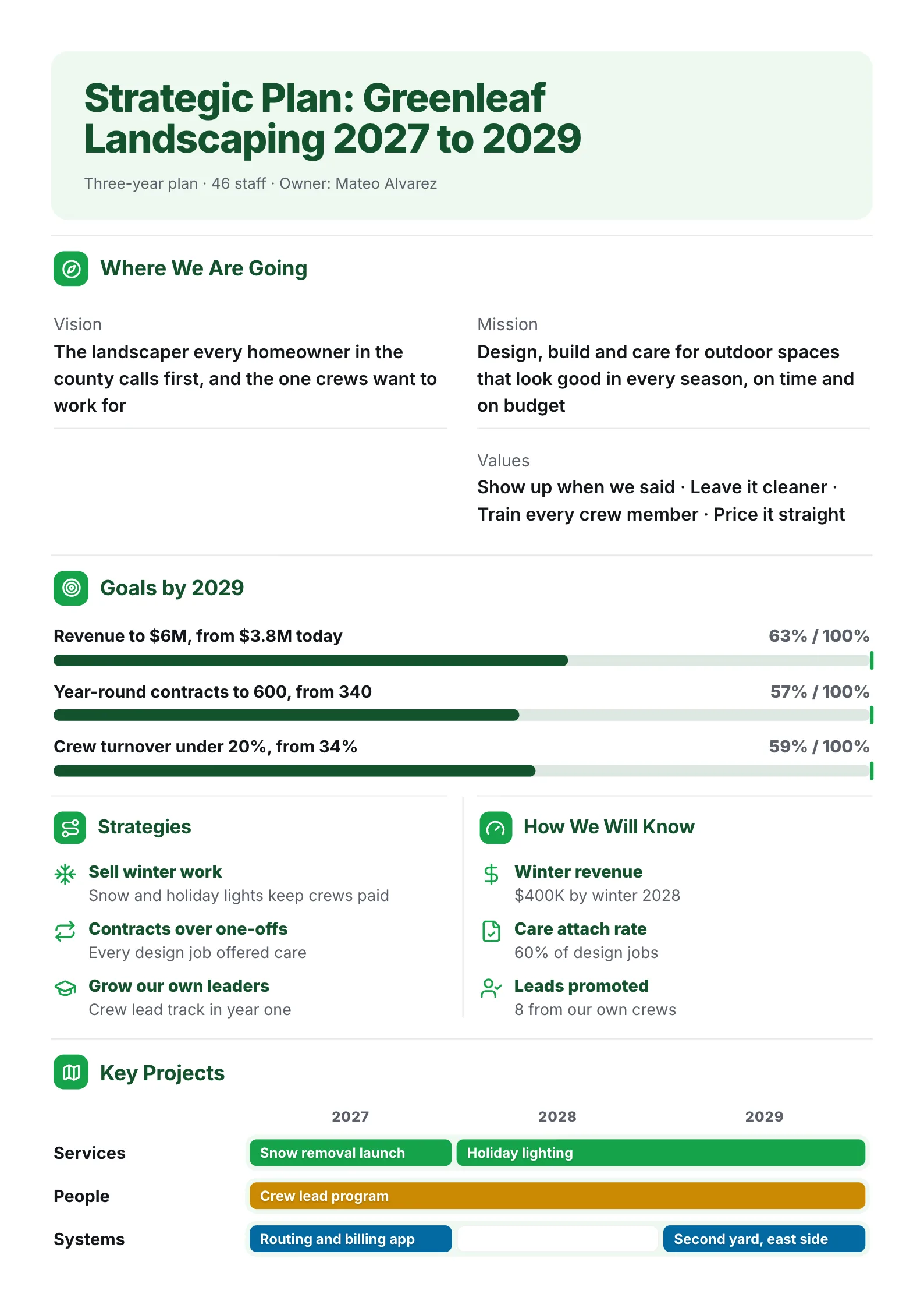 Small business strategic plan One-Pager with vision and values, goal progress bars, strategies and a project roadmap
