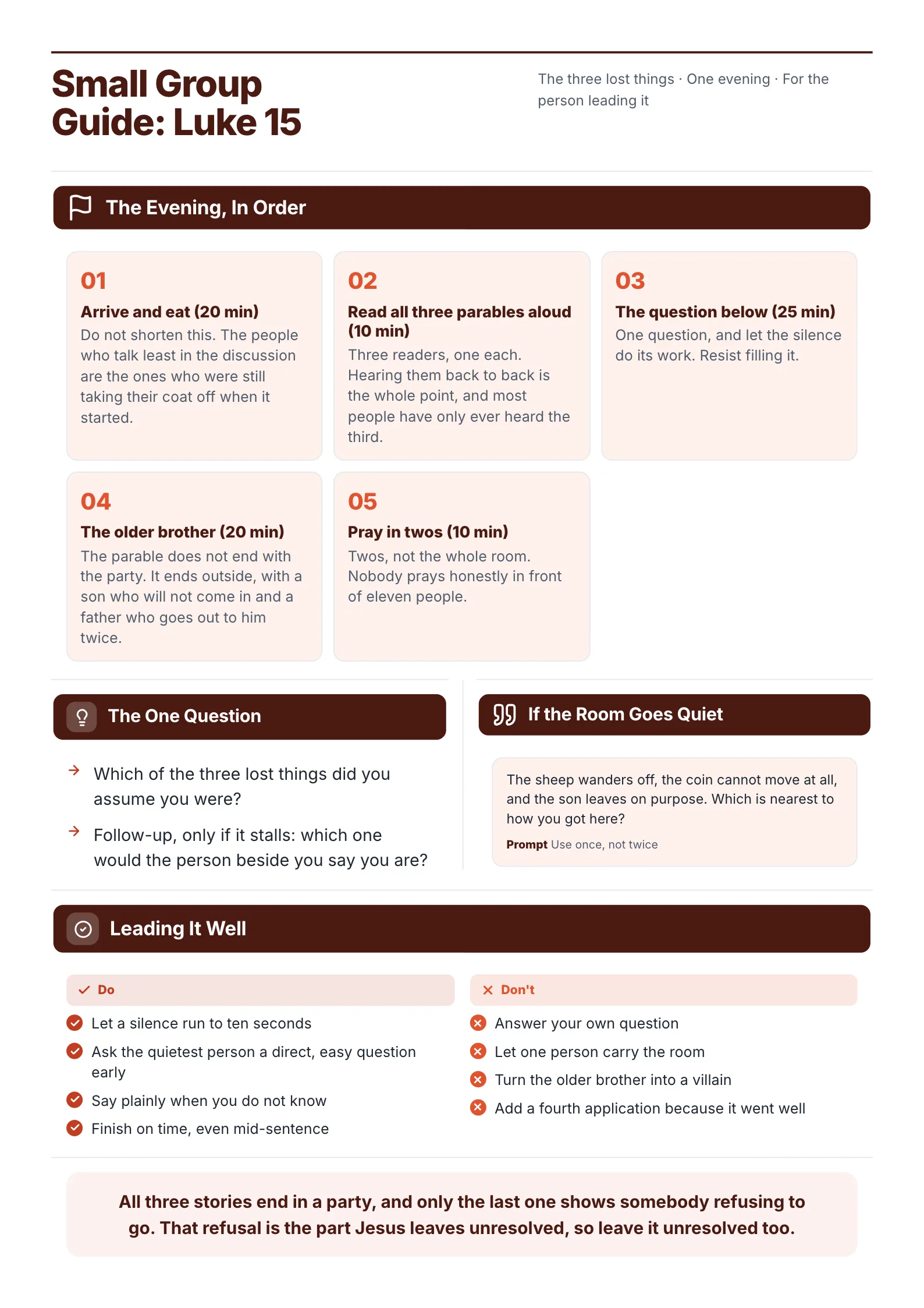 Small group guide One-Pager example with the evening in order, the one discussion question and tips for leading well
