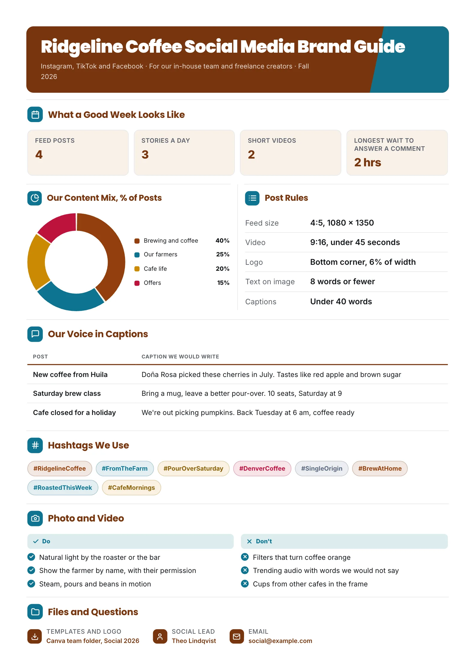 Social media brand guide One-Pager with a content mix donut, post size rules and caption examples