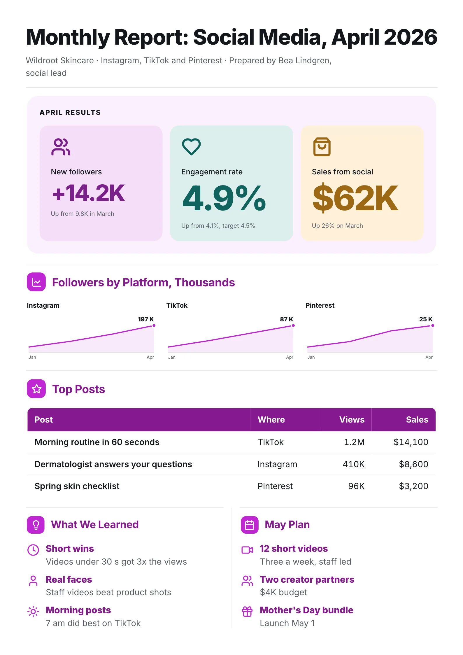 Monthly social media report One-Pager with follower growth by platform, a top posts table and lessons learned