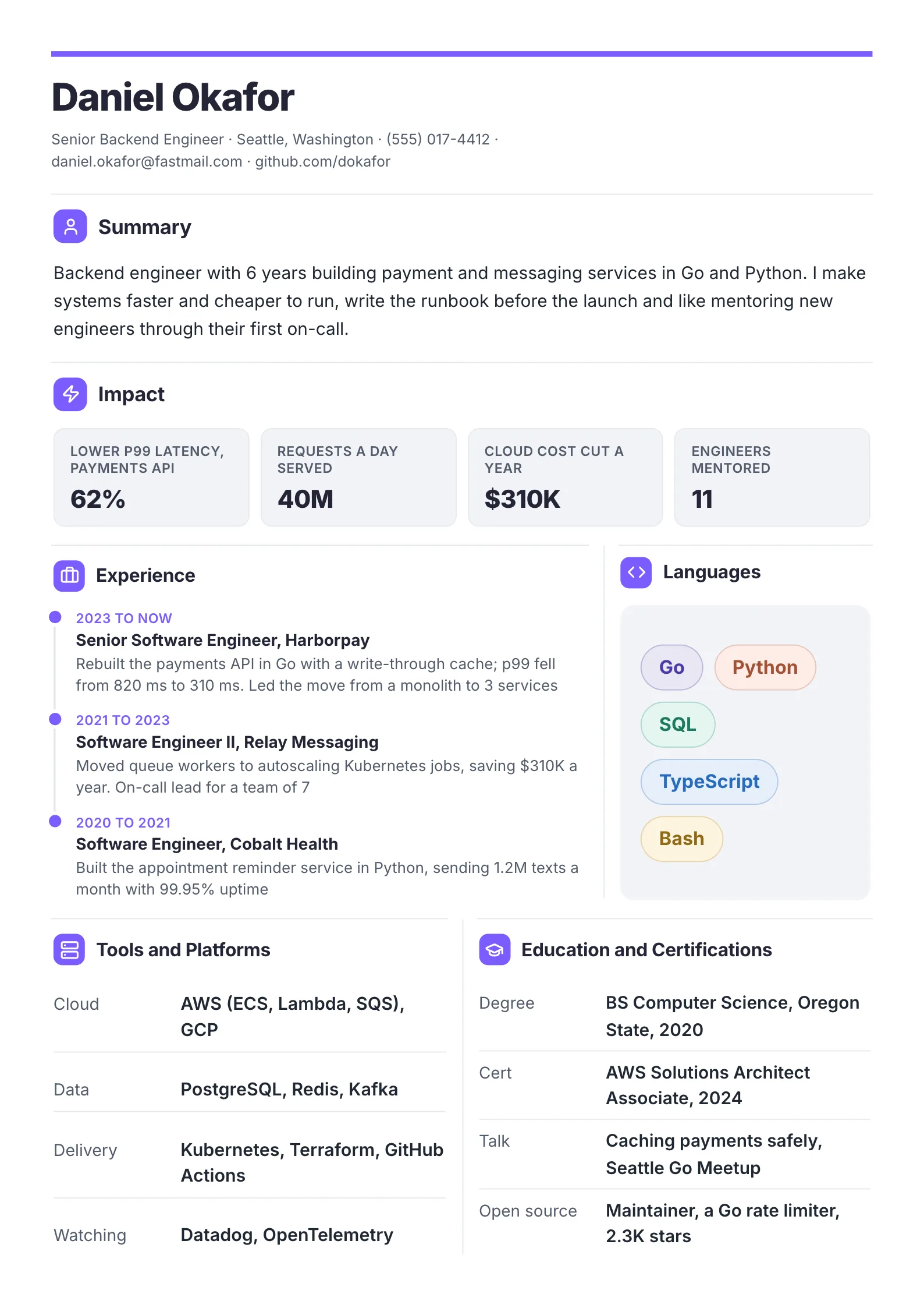 Software engineer resume with a summary, four impact numbers, three backend jobs as results, a tech stack and education
