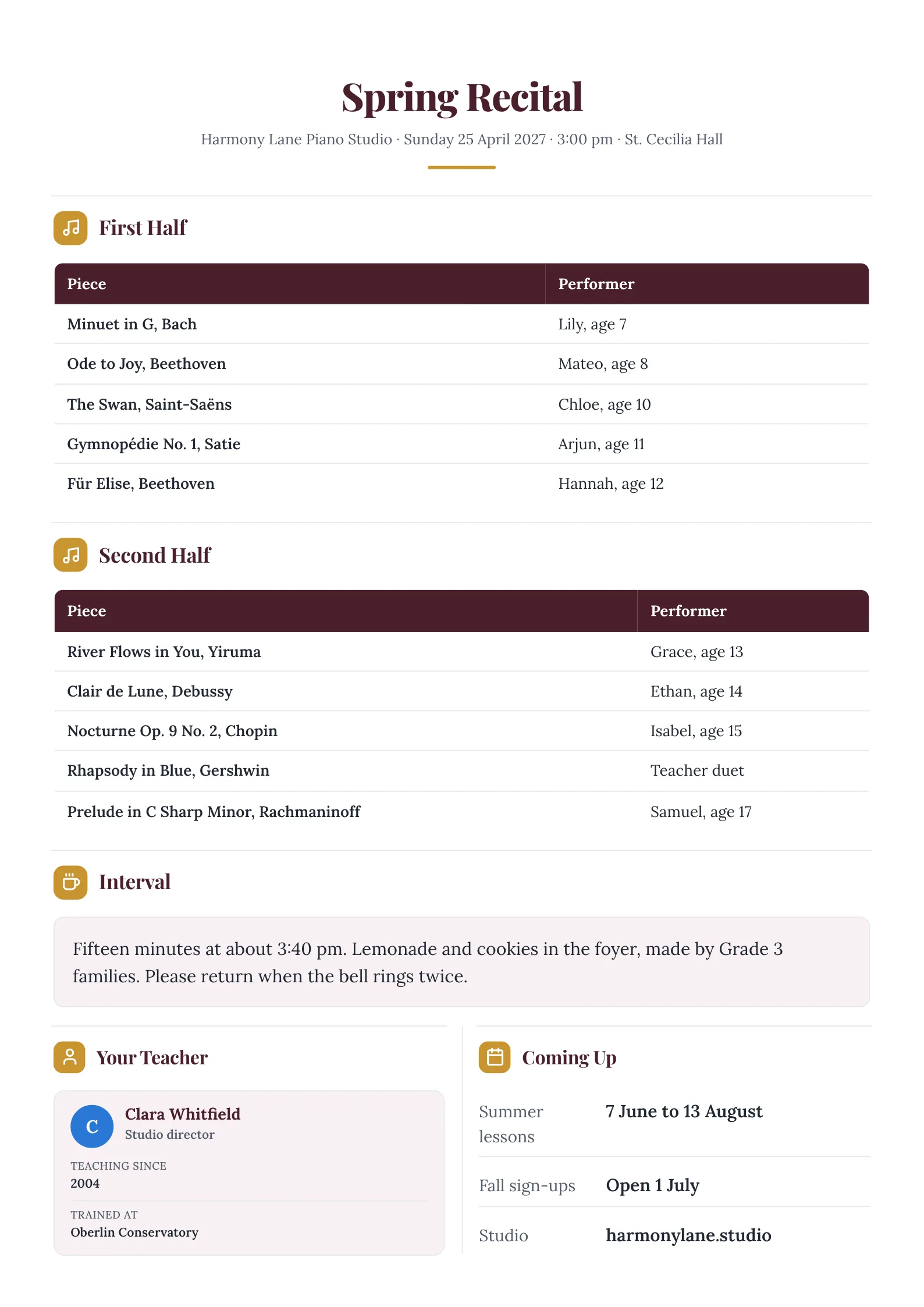 Spring music recital event program listing pieces, composers and performers in two halves with an interval