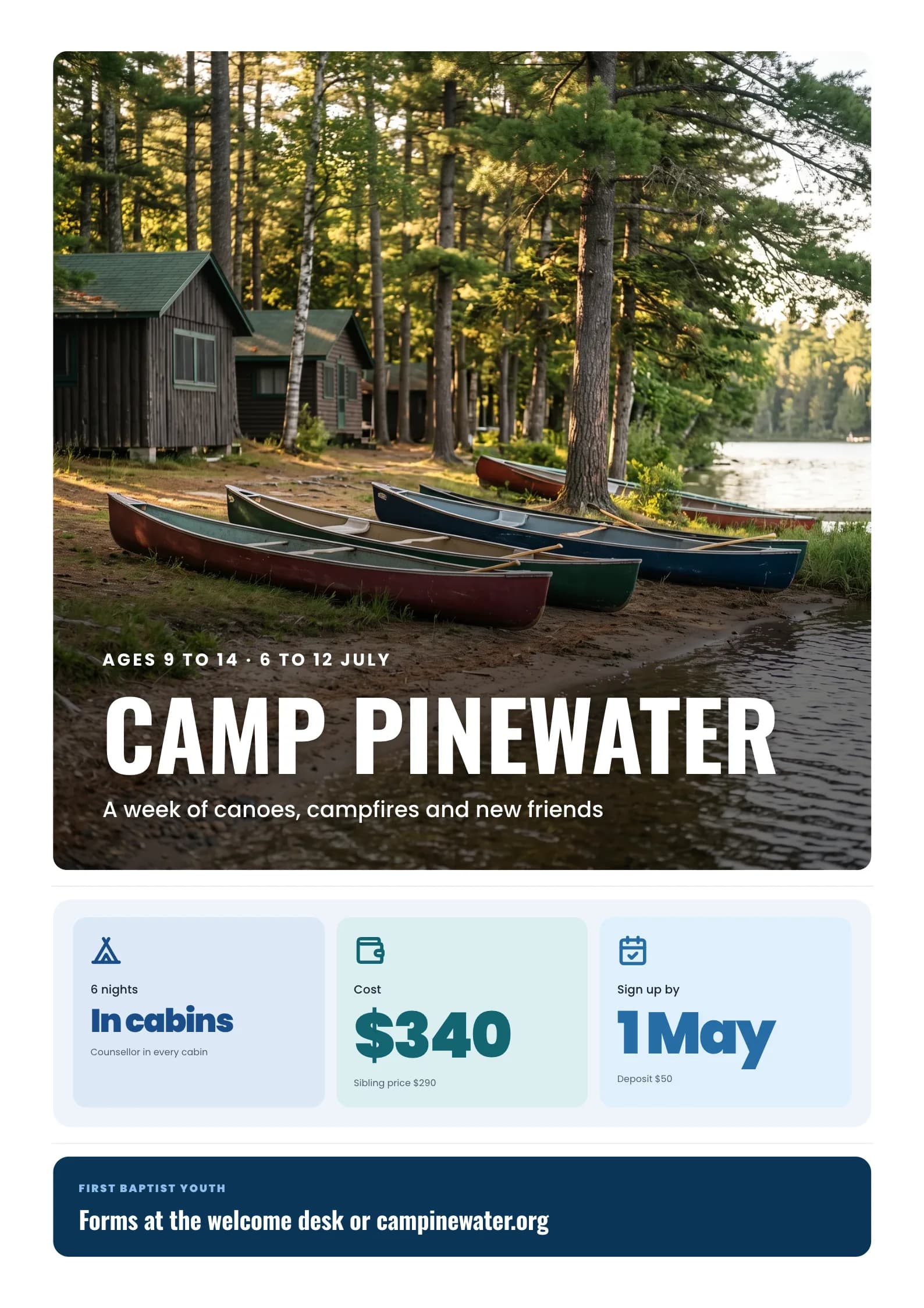 Summer Camp Poster with canoes pulled up on the shore of a calm lake at a summer camp with cabins among pine trees