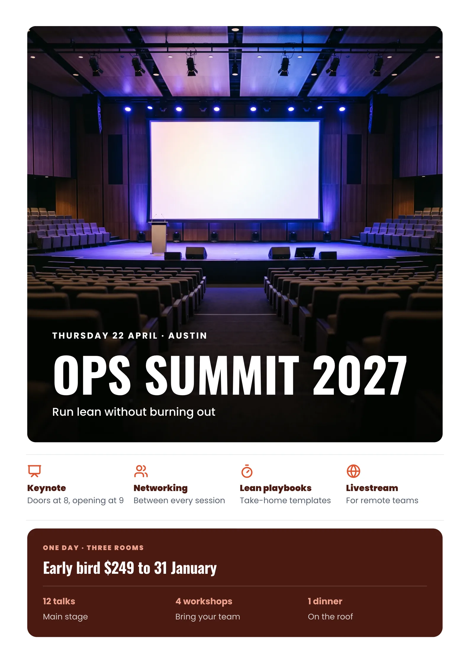 Summit Event Poster with a modern conference stage with a glowing screen and blue and violet lights over rows of seats