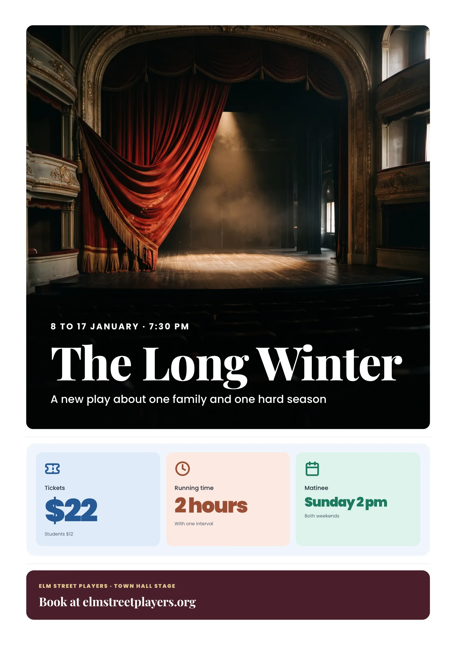 Theatre Play Poster with an empty theatre with a red velvet curtain half drawn and a single spotlight on the stage