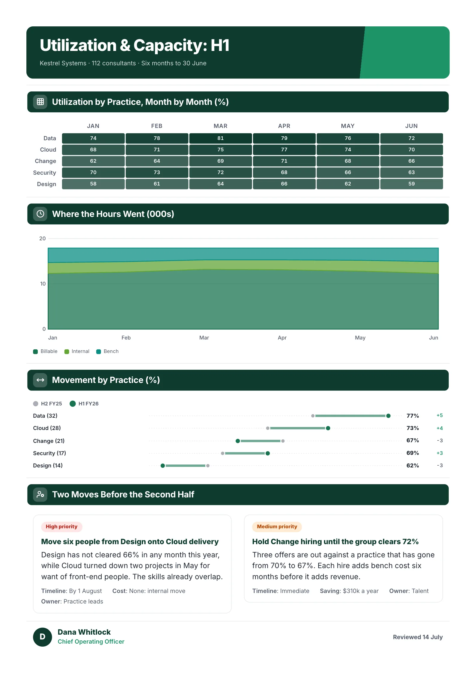Utilization report One-Pager example with a heat map by practice and month, where the hours went and movement by practice