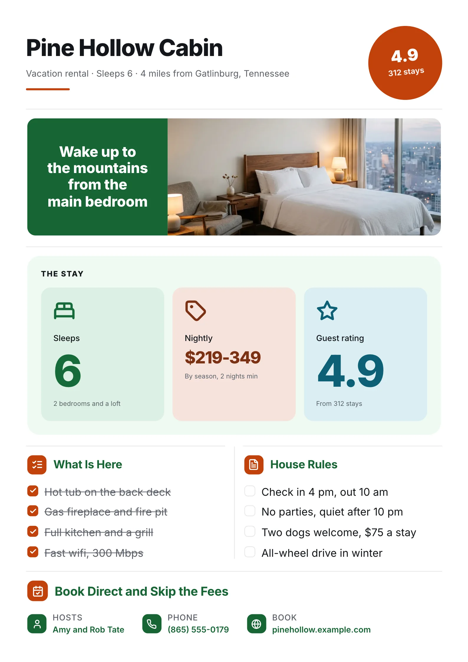 Property fact sheet for a vacation rental cabin with a bedroom photo, rates, amenities and house rules